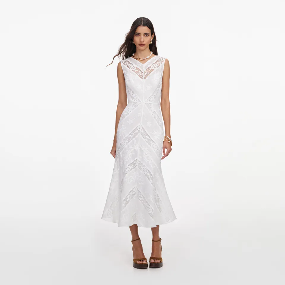Self Portrait White Ramie Sleeveless Midi Dress Kleid Weiss