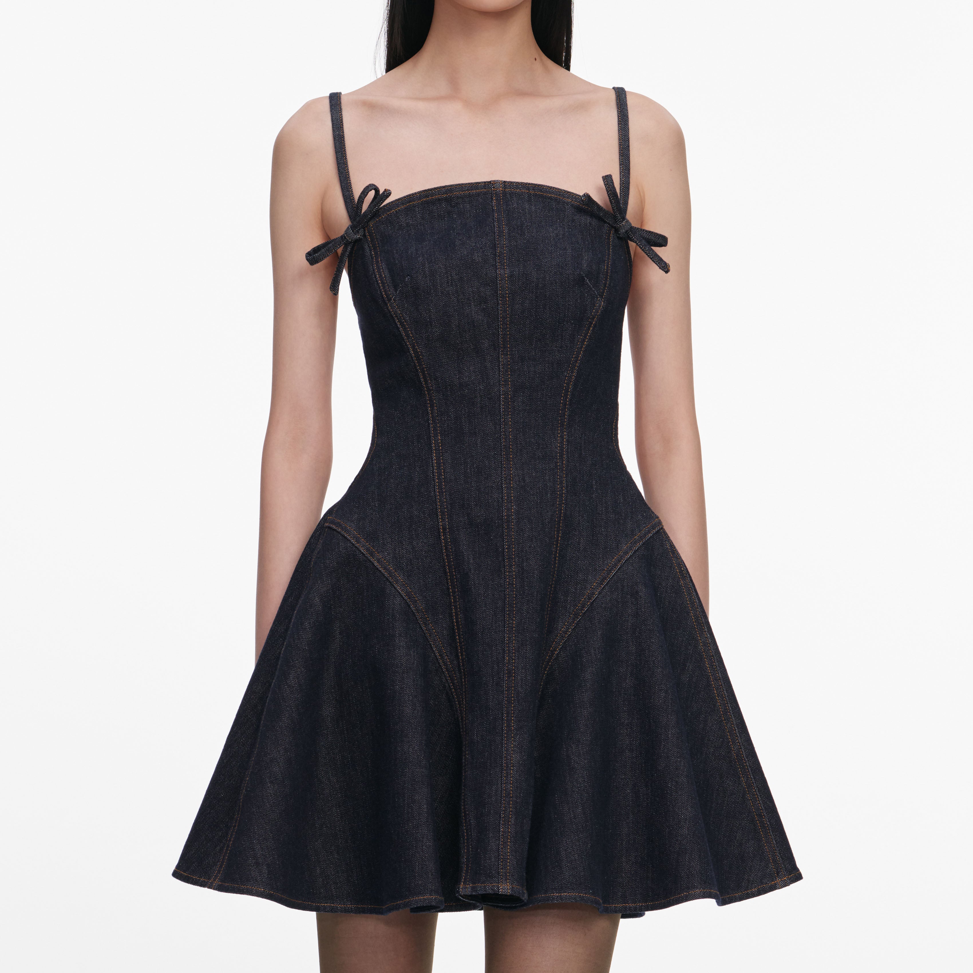 Self Portrait Indigo Denim Bow Minikleid Blau