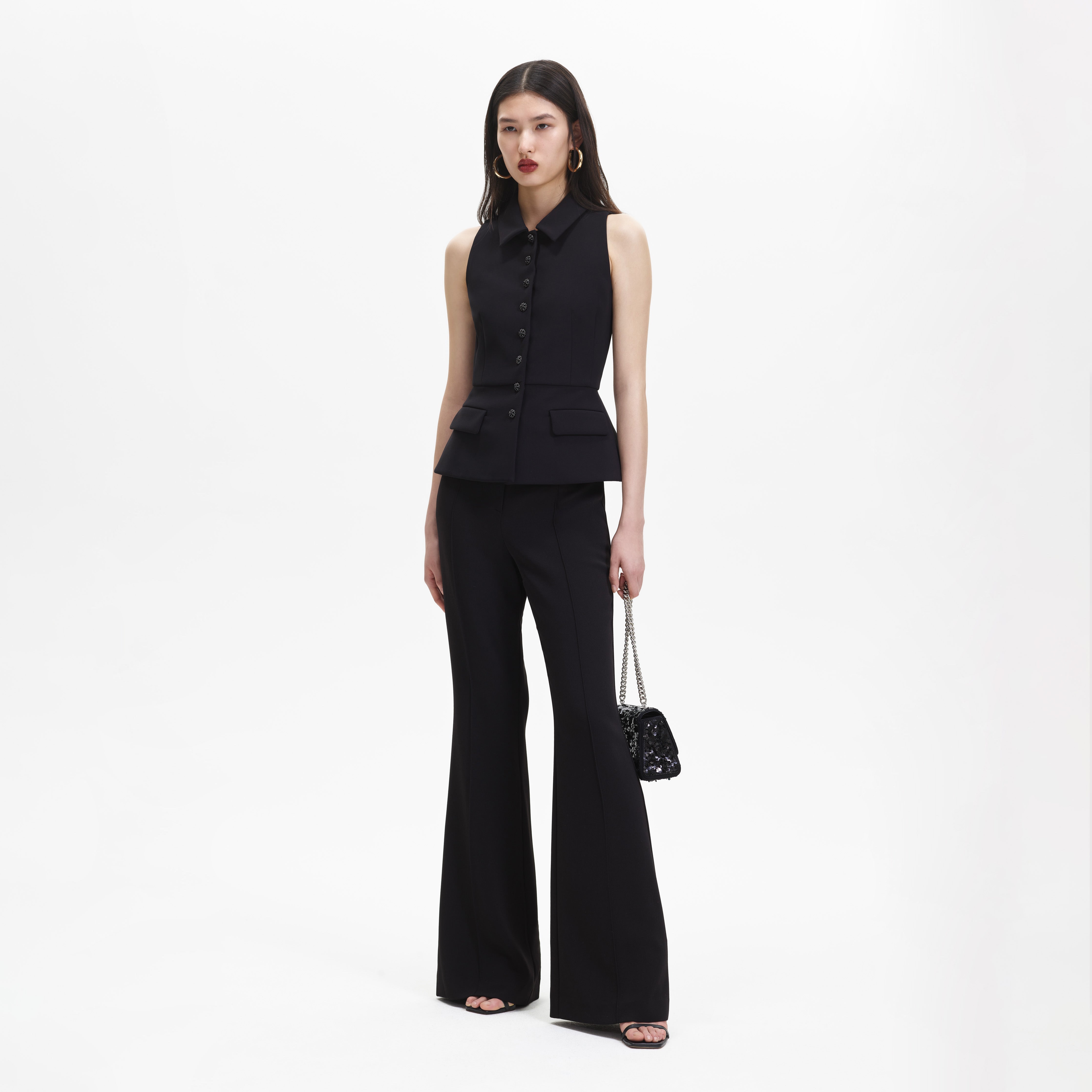 Self-Portrait Black Tailored Jumpsuit Schwarz Crepe Kragen
