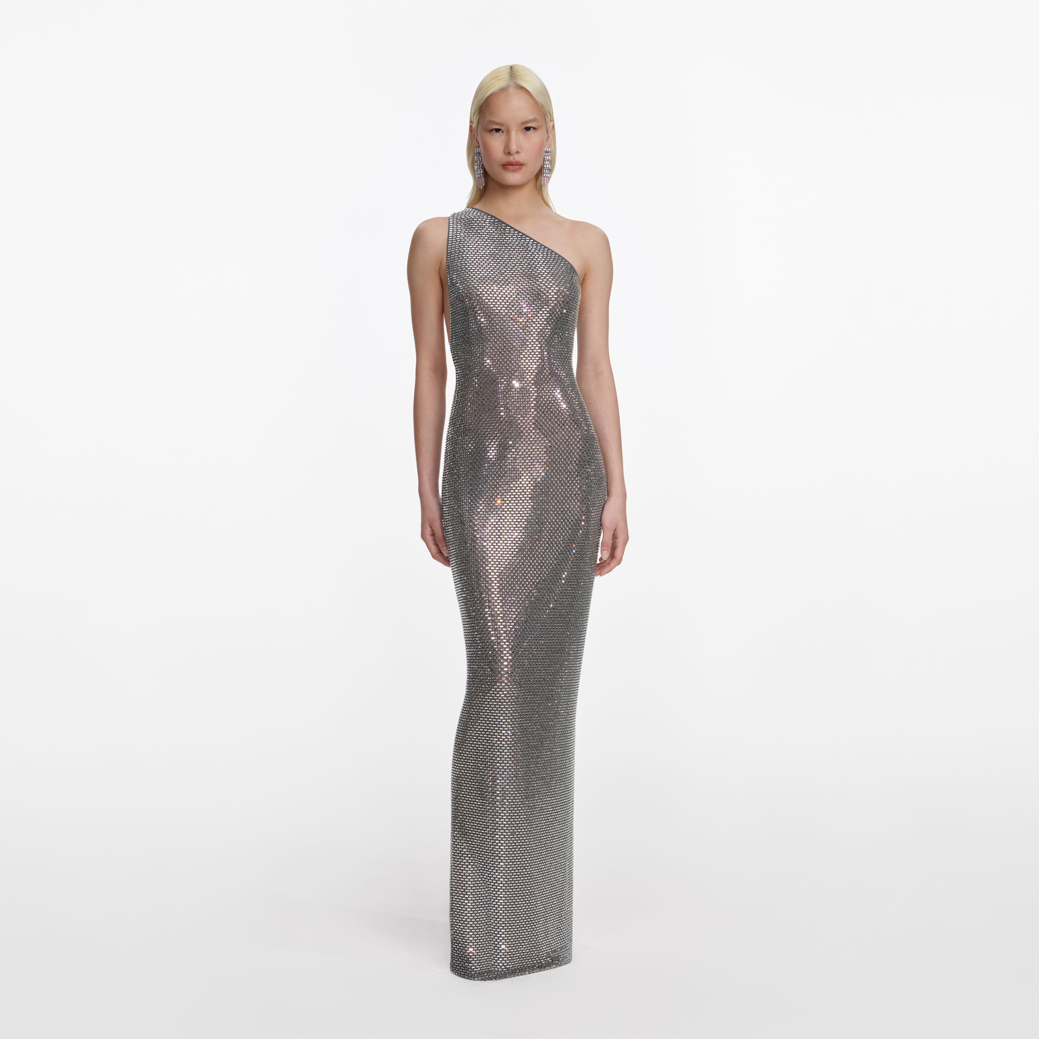 Self Portrait Grey Rhinestone One Shoulder Maxi Kleid Grau