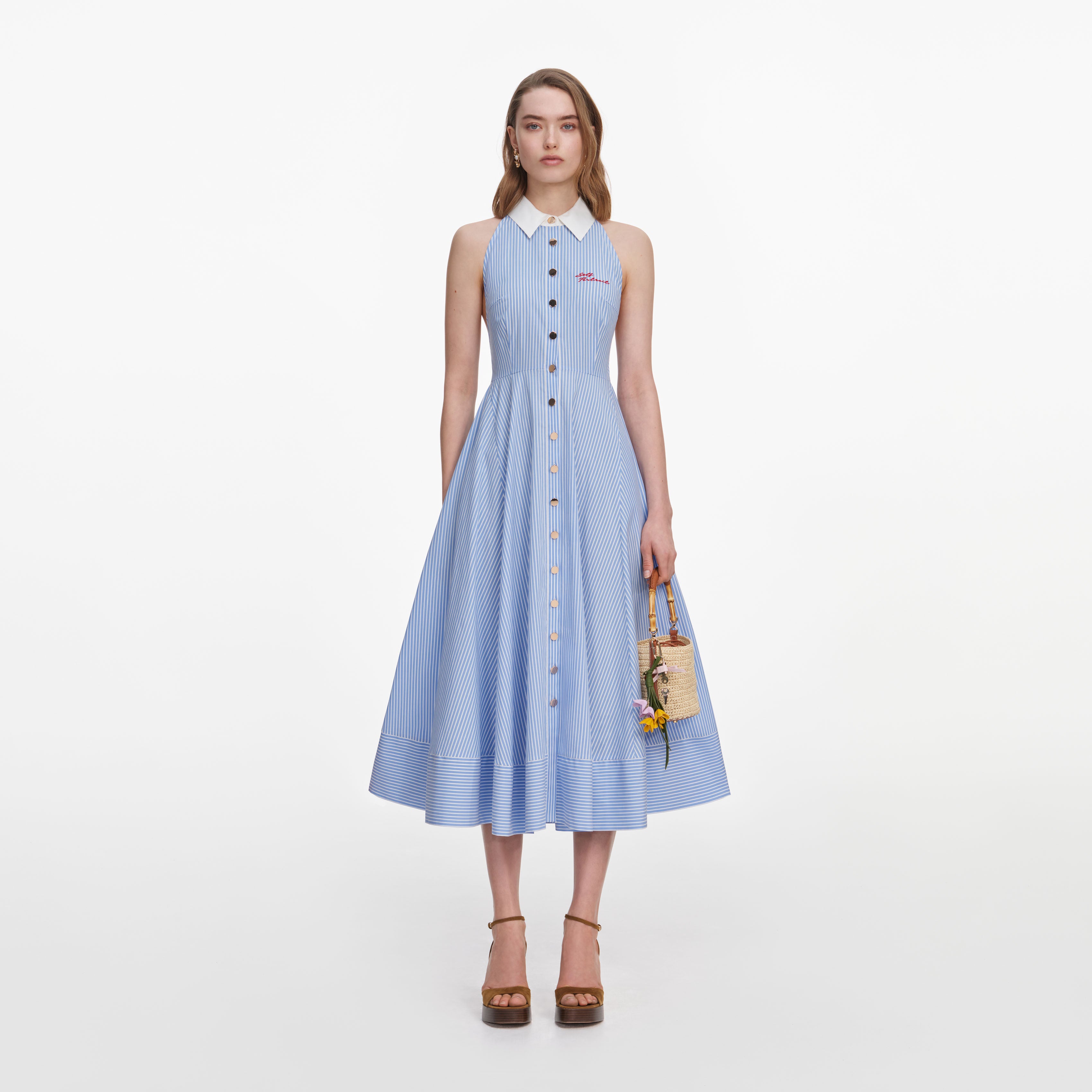 Self Portrait Blue Striped Cotton Midikleid Blau UK 10 Baumwolle