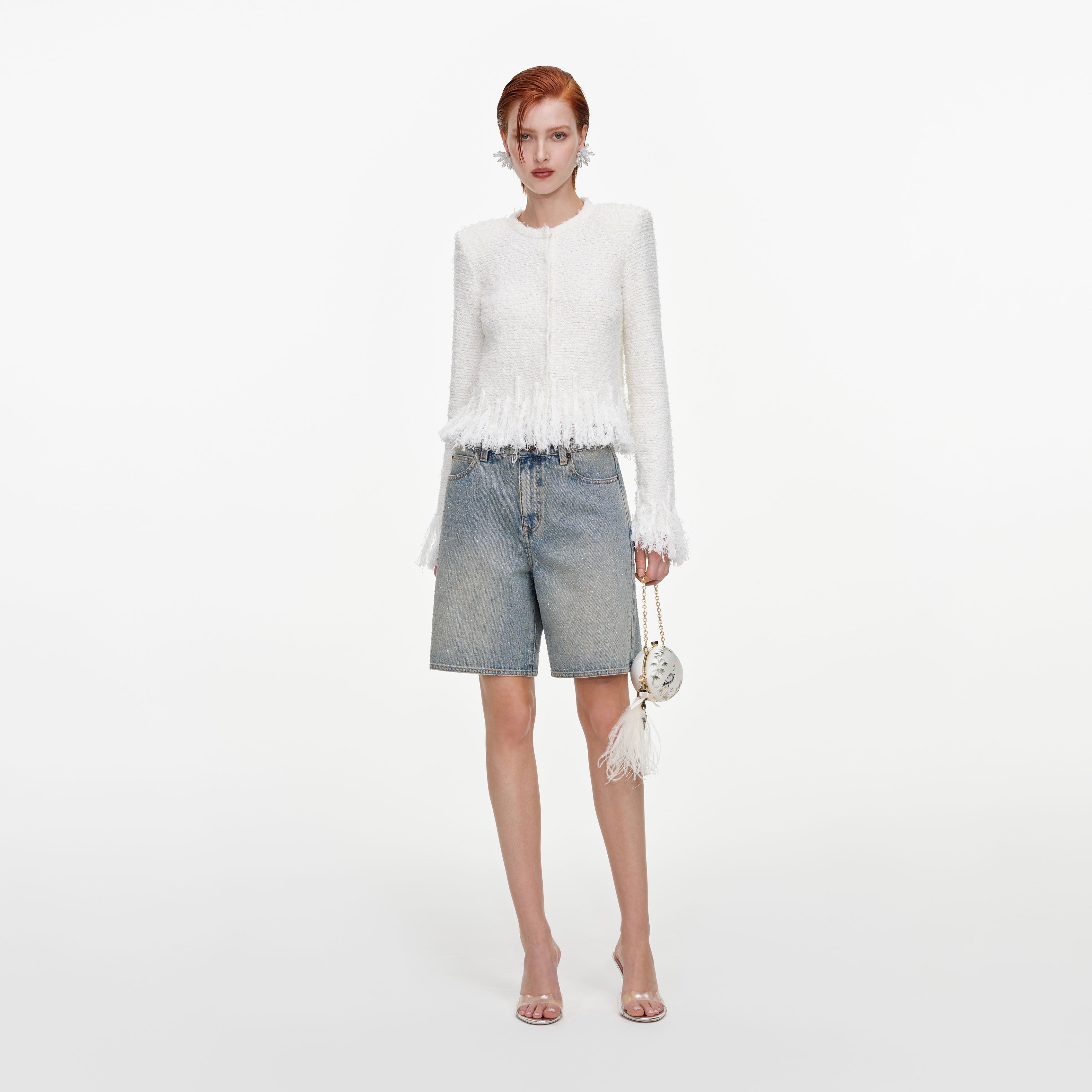 Self Portrait White Fringe Knit Cardigan Wei Boucle