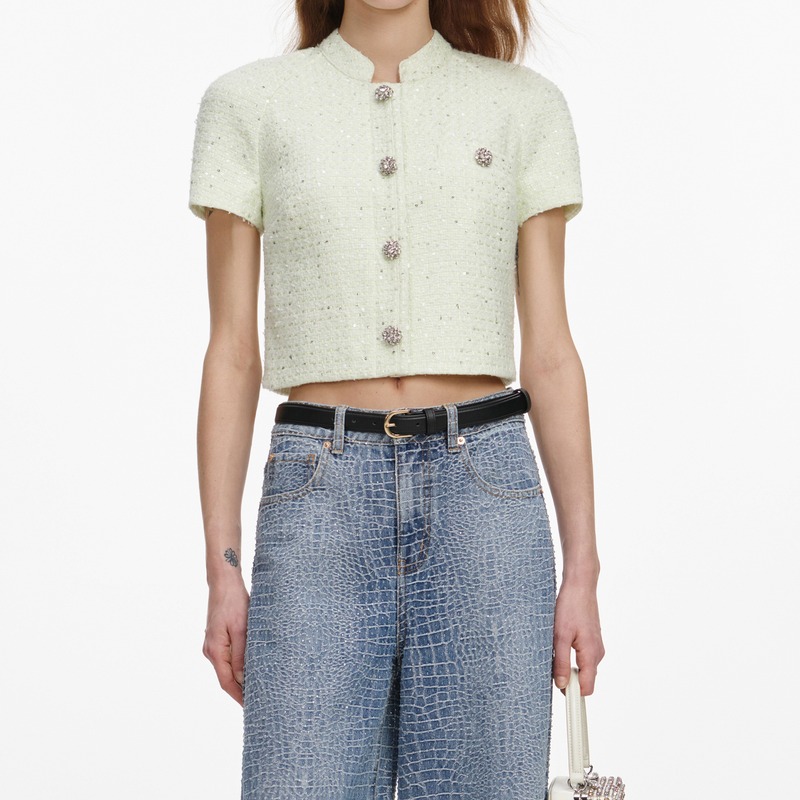Self Portrait Lime Boucle Top Damen Top Grün UK 8 Bouclé