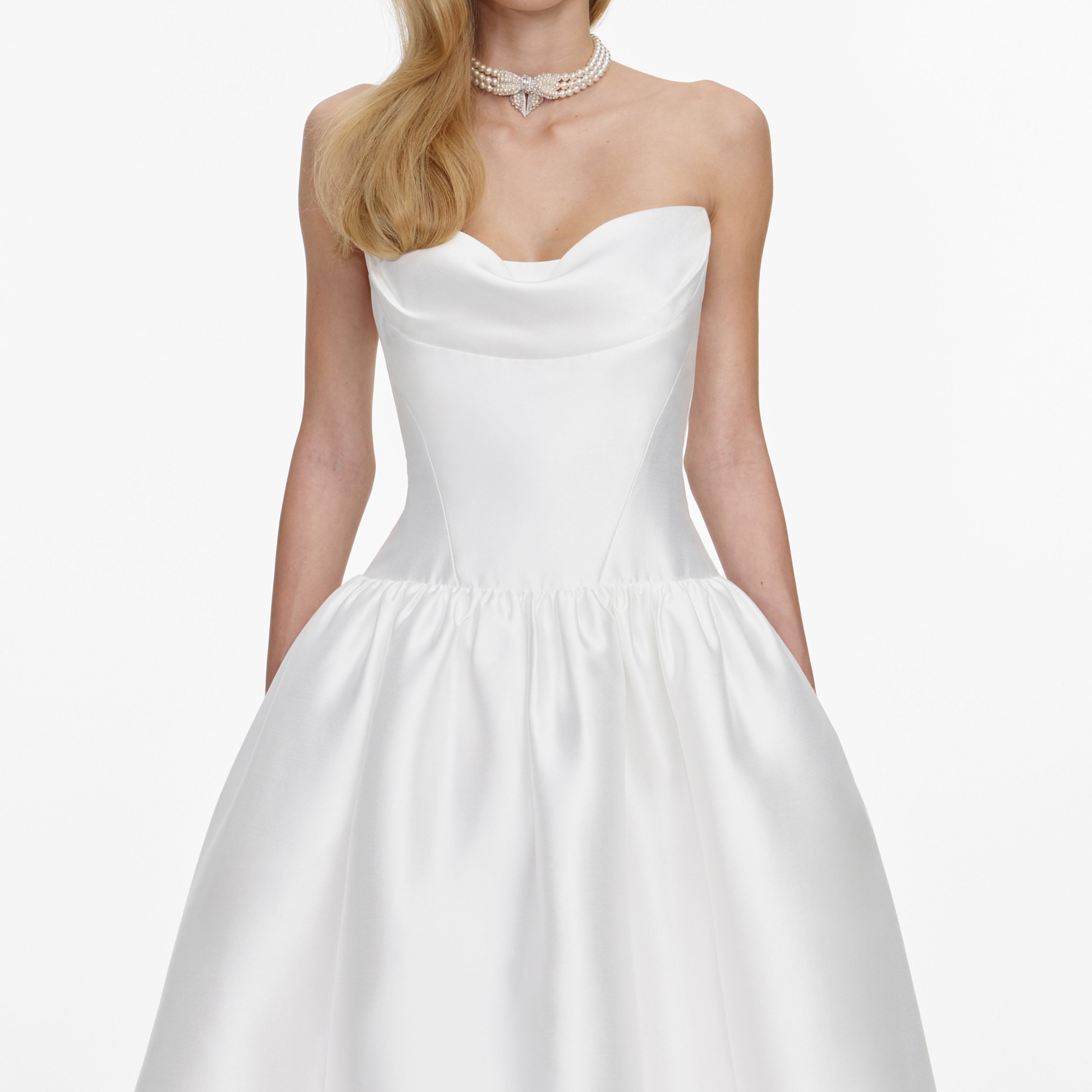 Self Portrait White Taffeta Midi Brautkleid Weiss Traegerlos