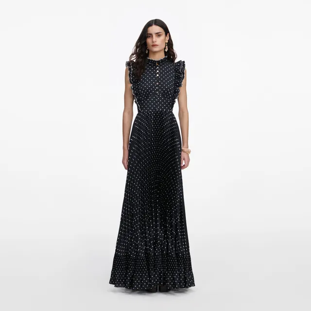 Self Portrait Black Polka Dot Frill Maxi Kleid Schwarz UK 6