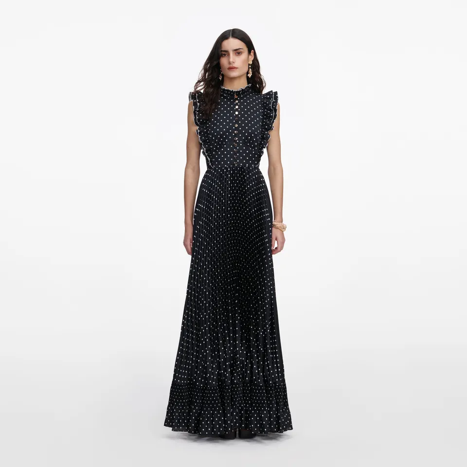 Self Portrait Black Polka Dot Frill Maxi Kleid Schwarz UK 6