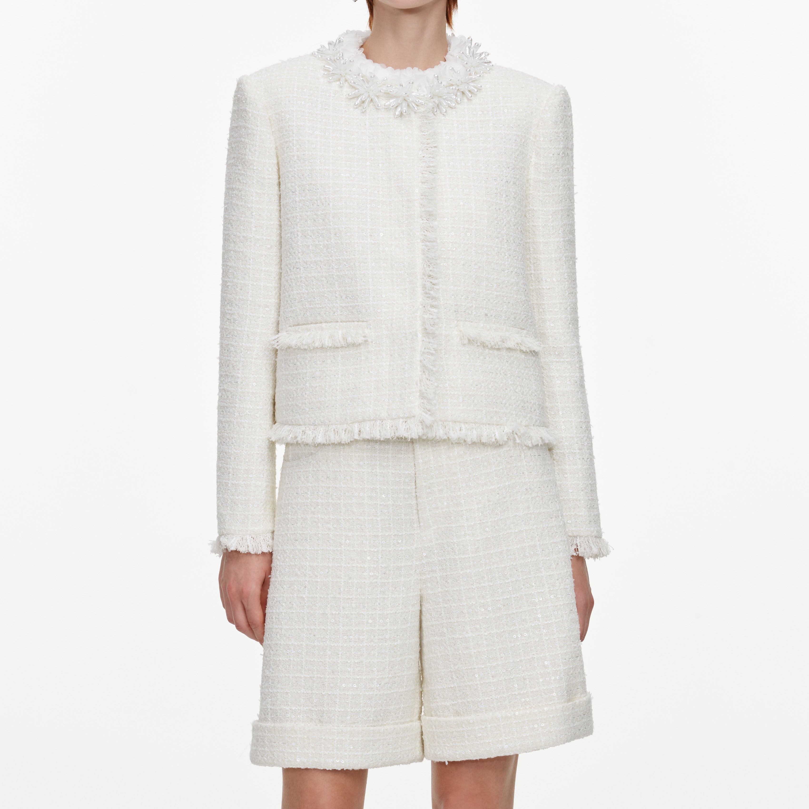 Self Portrait Cream Sequin Boucle Pearl Jacke Creme