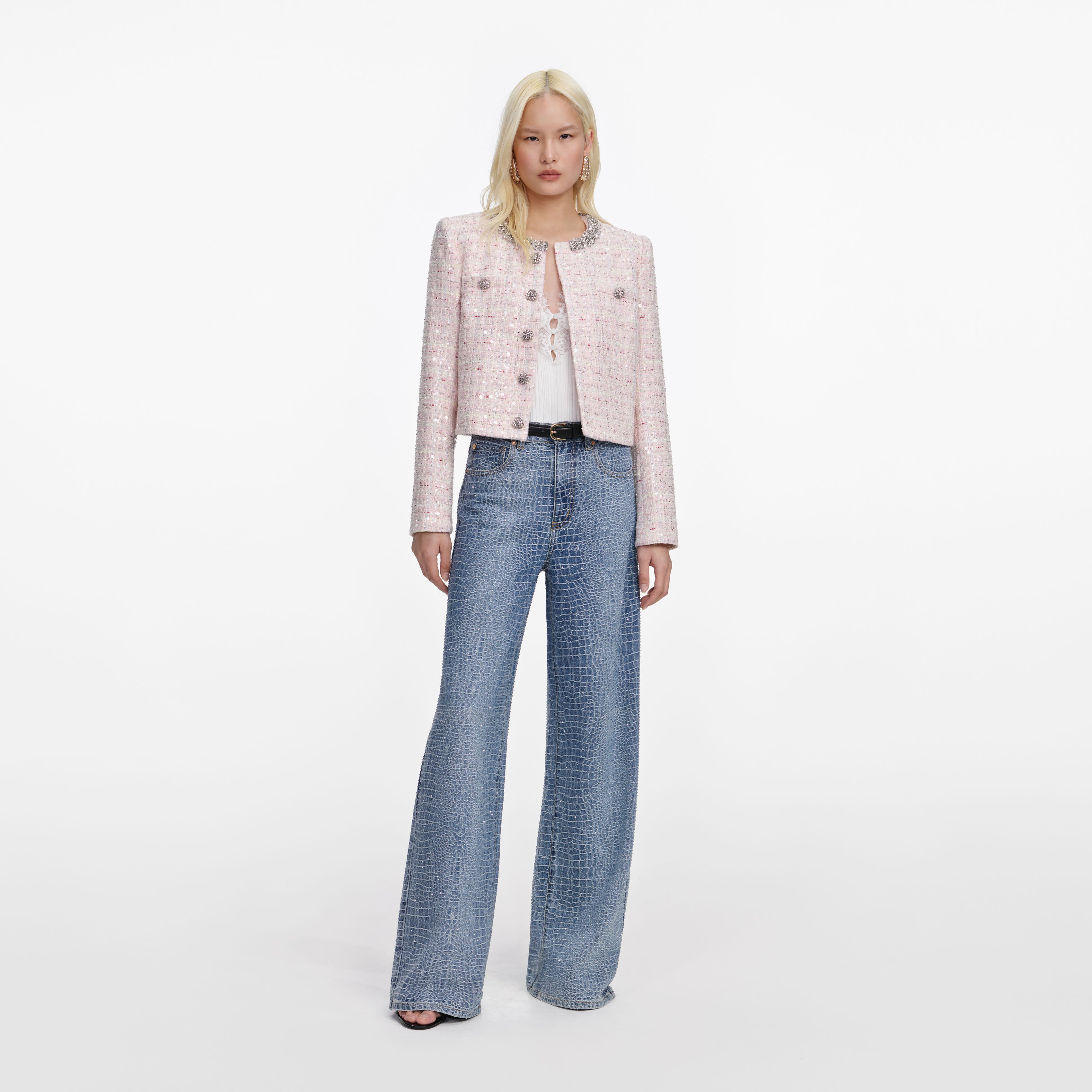 Self Portrait Pink Sequin Boucle Jacke Rosa UK 8 Pailletten