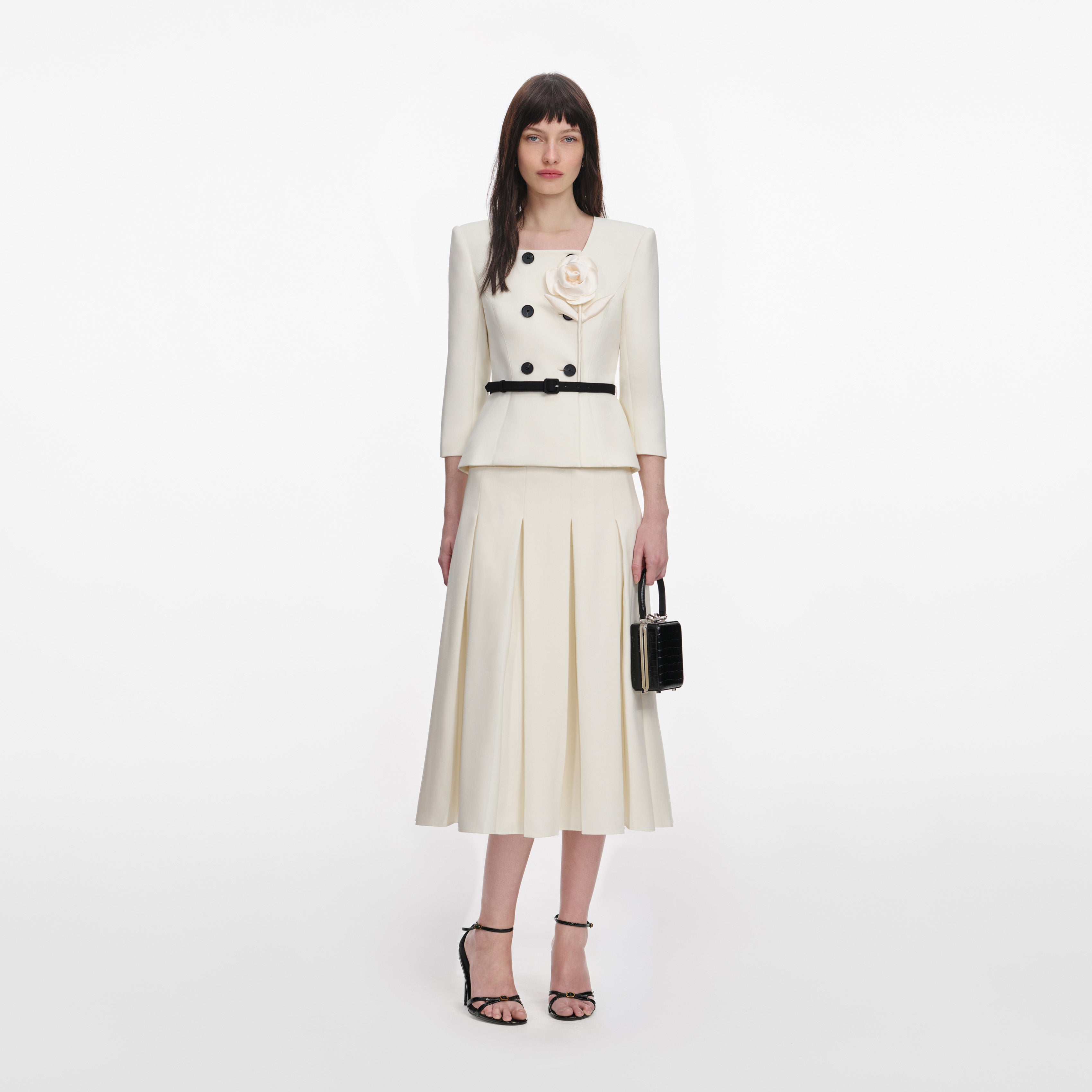 Self Portrait 3D Flower Midi-Kleid Creme Wolle