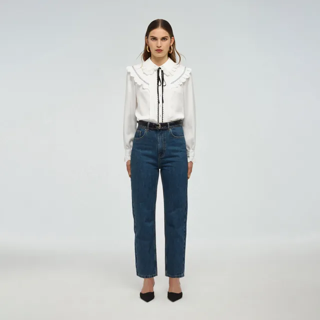 Self Portrait Frill Yoke Shirt Bluse Weiss Twill UK 8