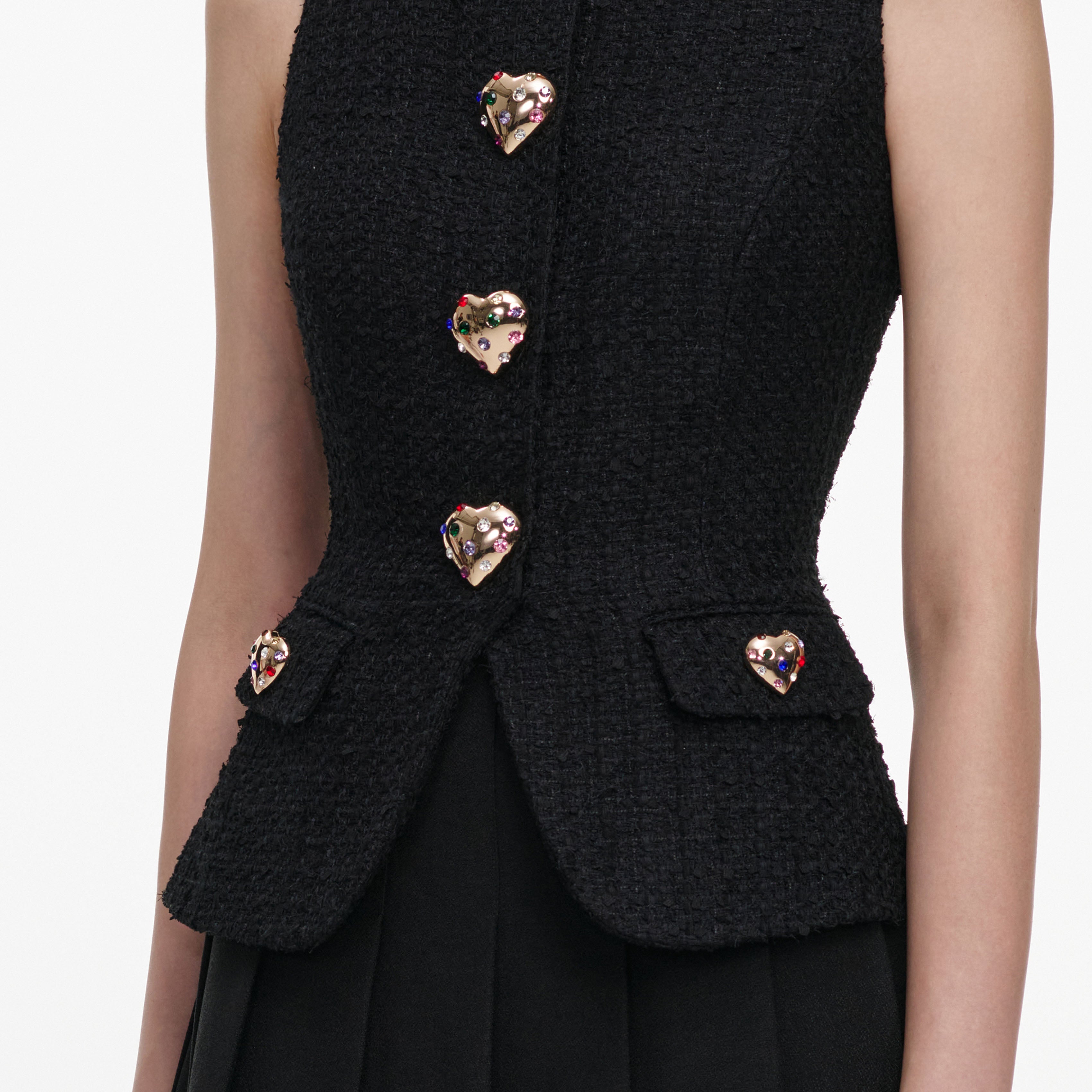 Self Portrait Black Boucle Crepe Midi Kleid Schwarz Knopf