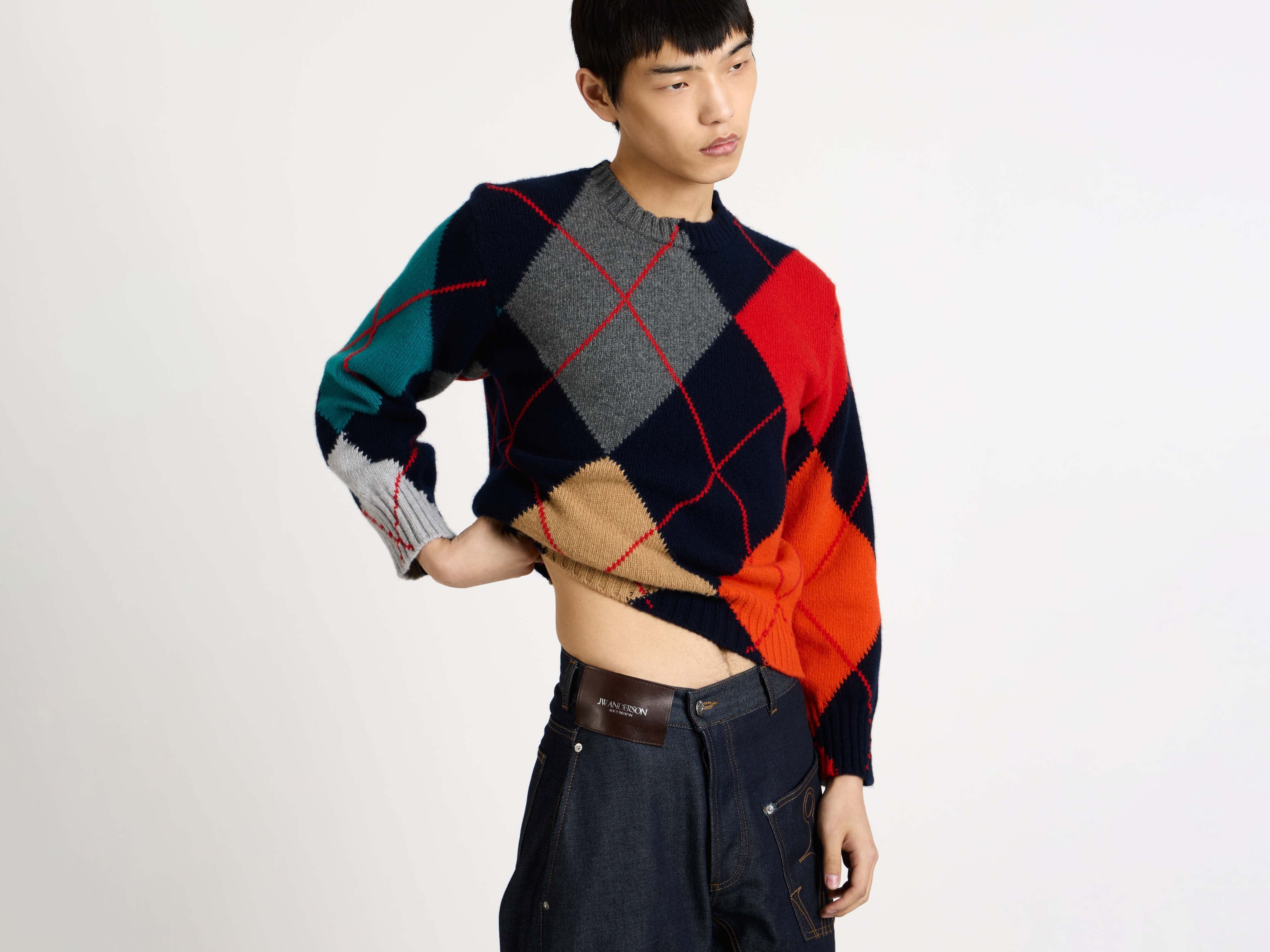 J.W.Anderson x Pringle Argyle Crewneck Strickpullover Navy Cropped