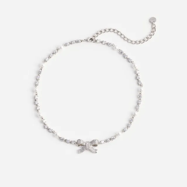 Self Portrait Jewellery Kette Silber Kristall Perle Bow