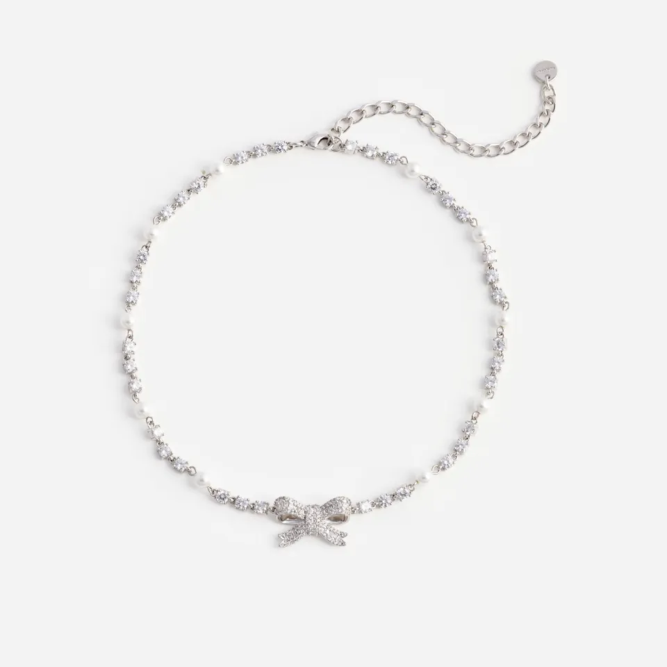 Self Portrait Jewellery Kette Silber Kristall Perle Bow