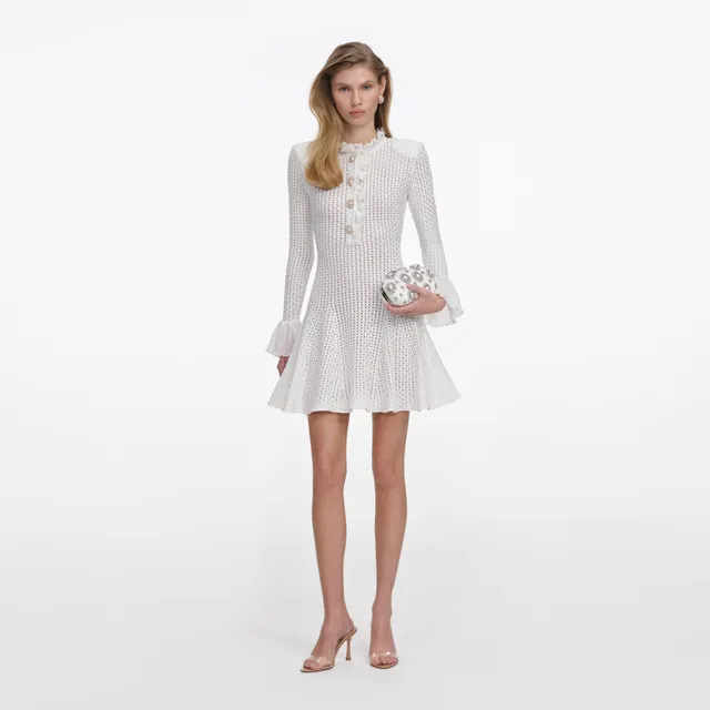 Self Portrait White Lace Pointelle Strick-Minikleid Weiß