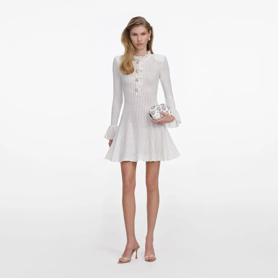 Self Portrait White Lace Pointelle Strick-Minikleid Weiß