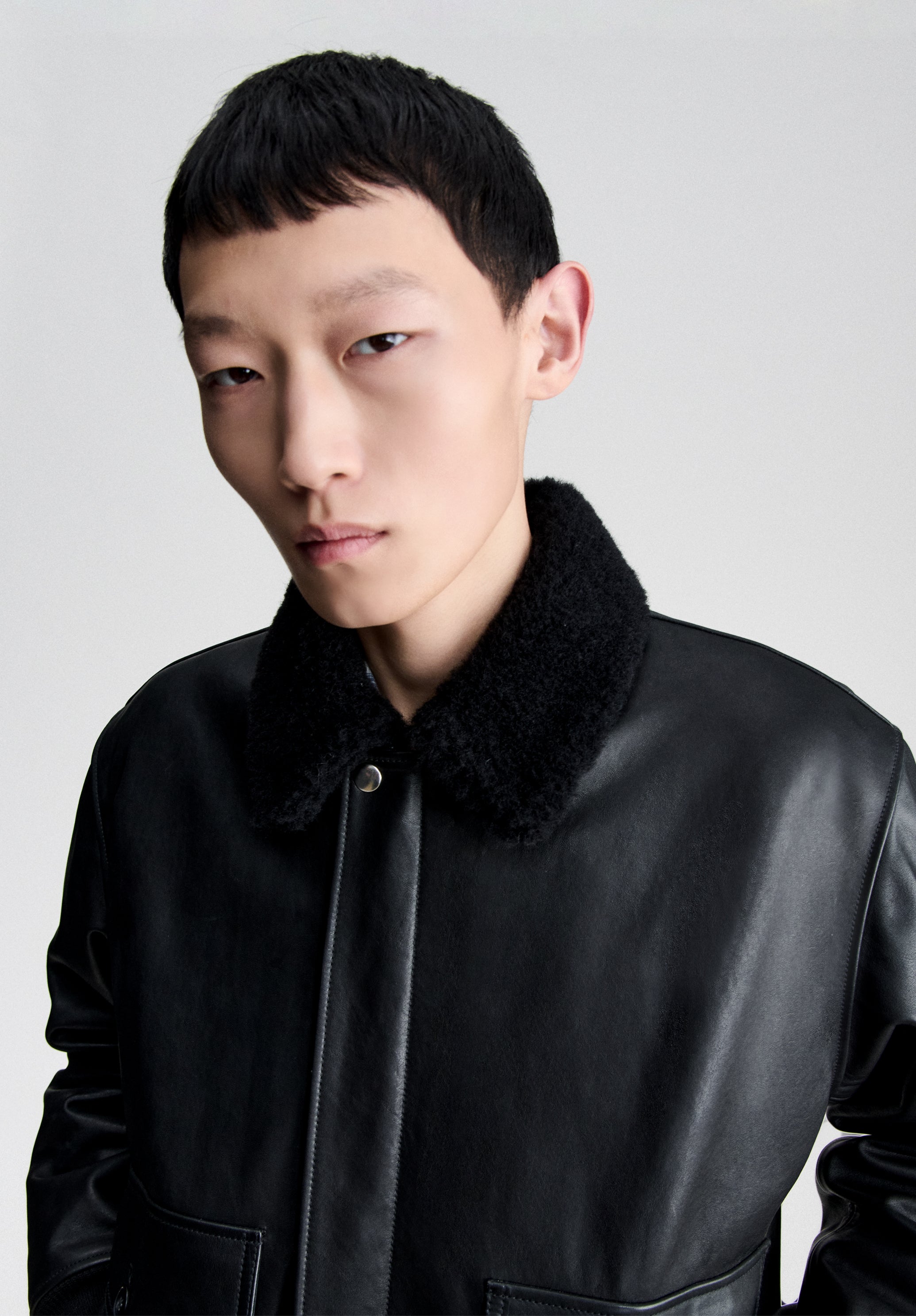 A.P.C. Bomberjacke Leder Schwarz Boxy Recycelte Wolle