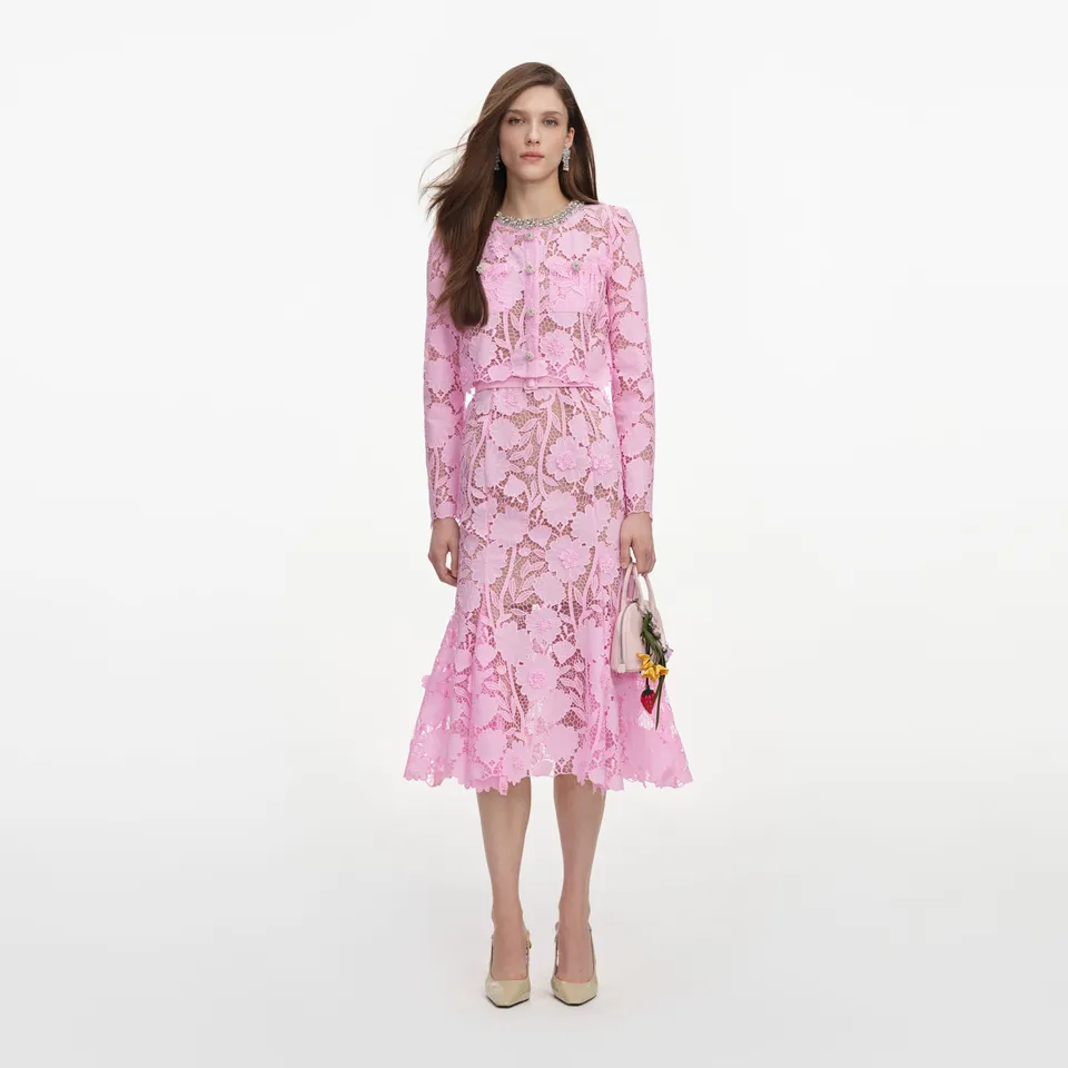 Self Portrait Pink Lace Crystal Midi Kleid Rosa Spitze Kristall