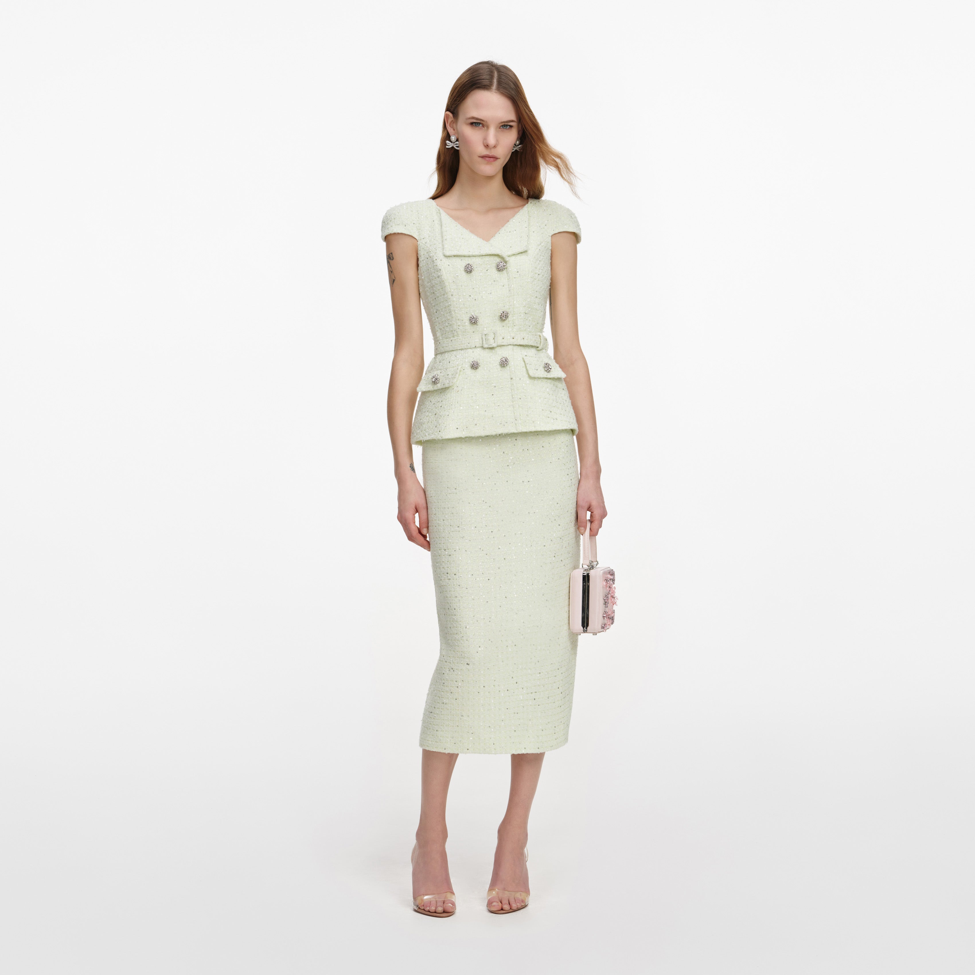 Self Portrait Lime Boucle Midi Kleid Grün Gürtel