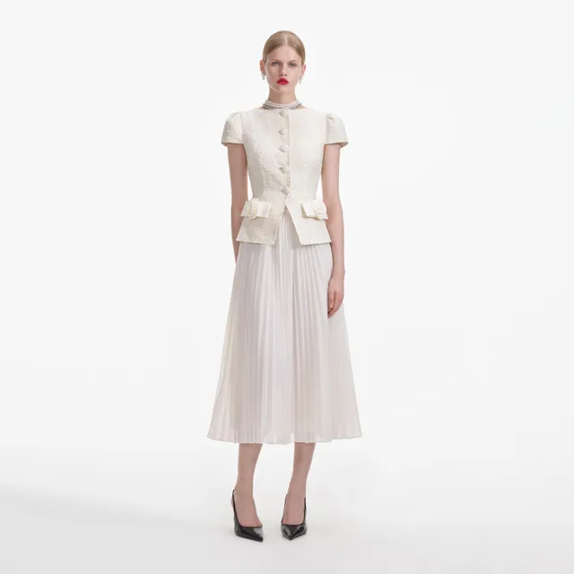 Self Portrait Boucle Midikleid Creme Schleife plissiert