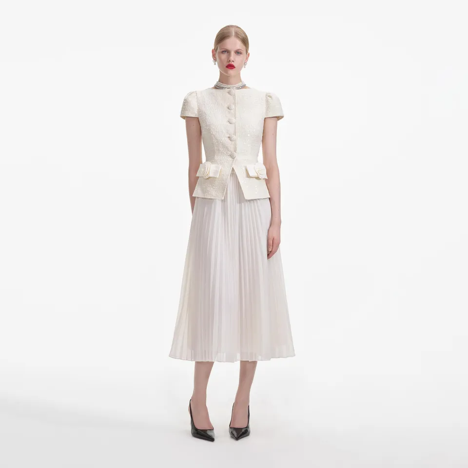 Self Portrait Boucle Midikleid Creme Schleife plissiert