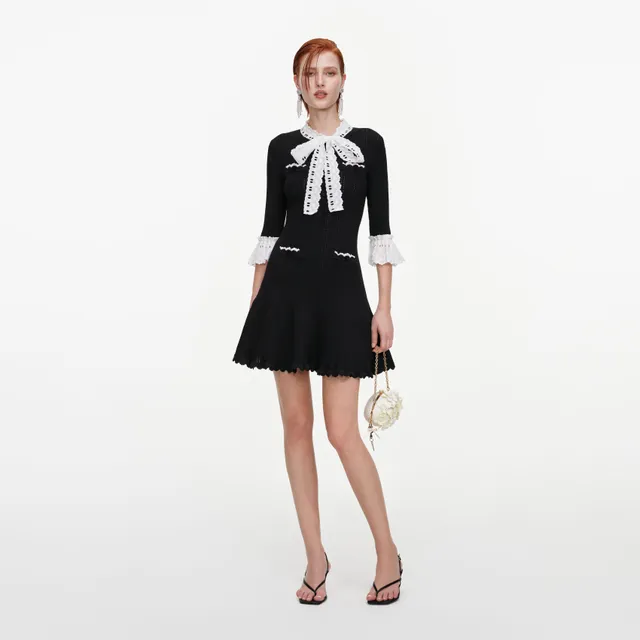 Self Portrait Black Pointelle Lace Mini Kleid Schwarz Spitze