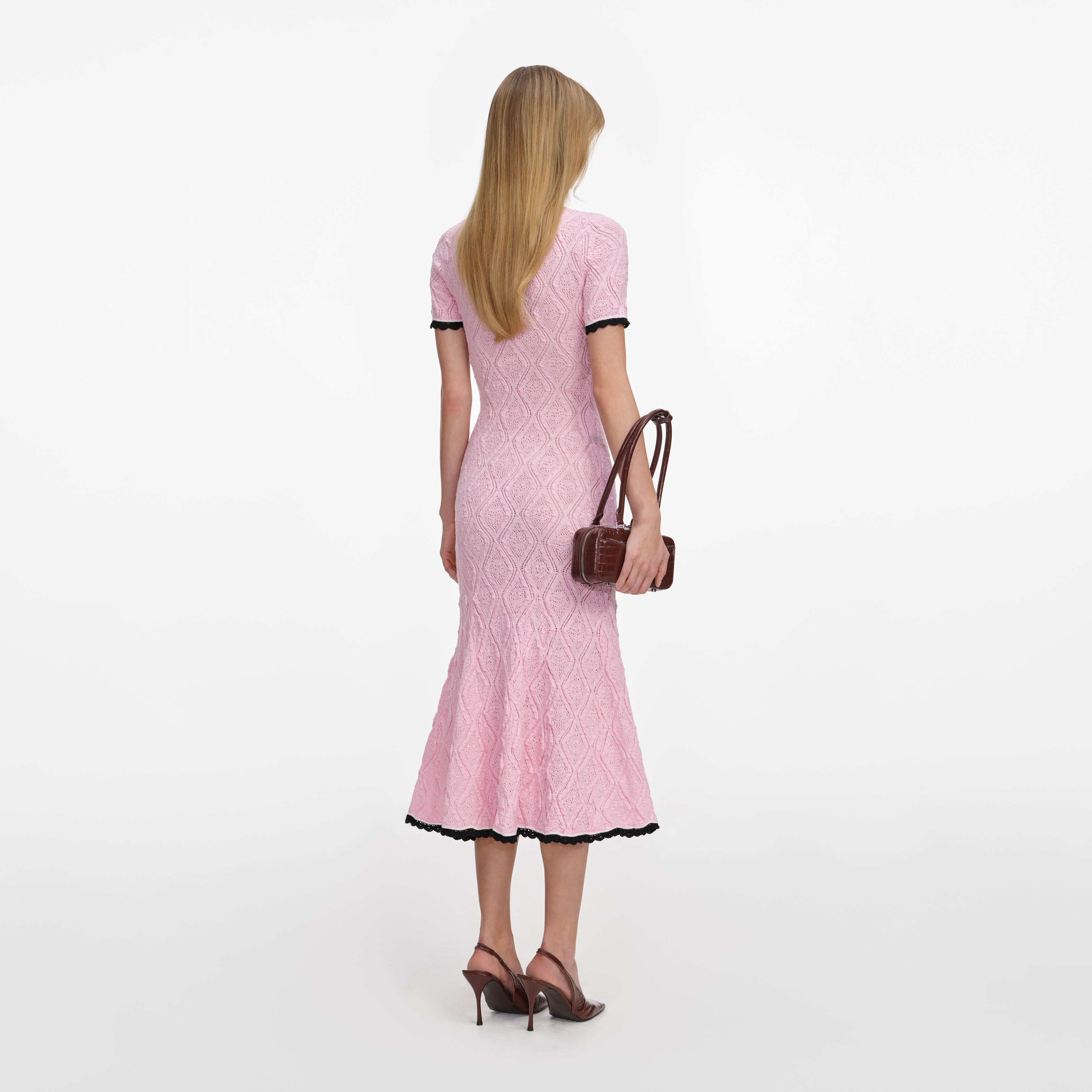Self-Portrait Pink Pointelle Knit Midi Strickkleid Rosa Stickerei