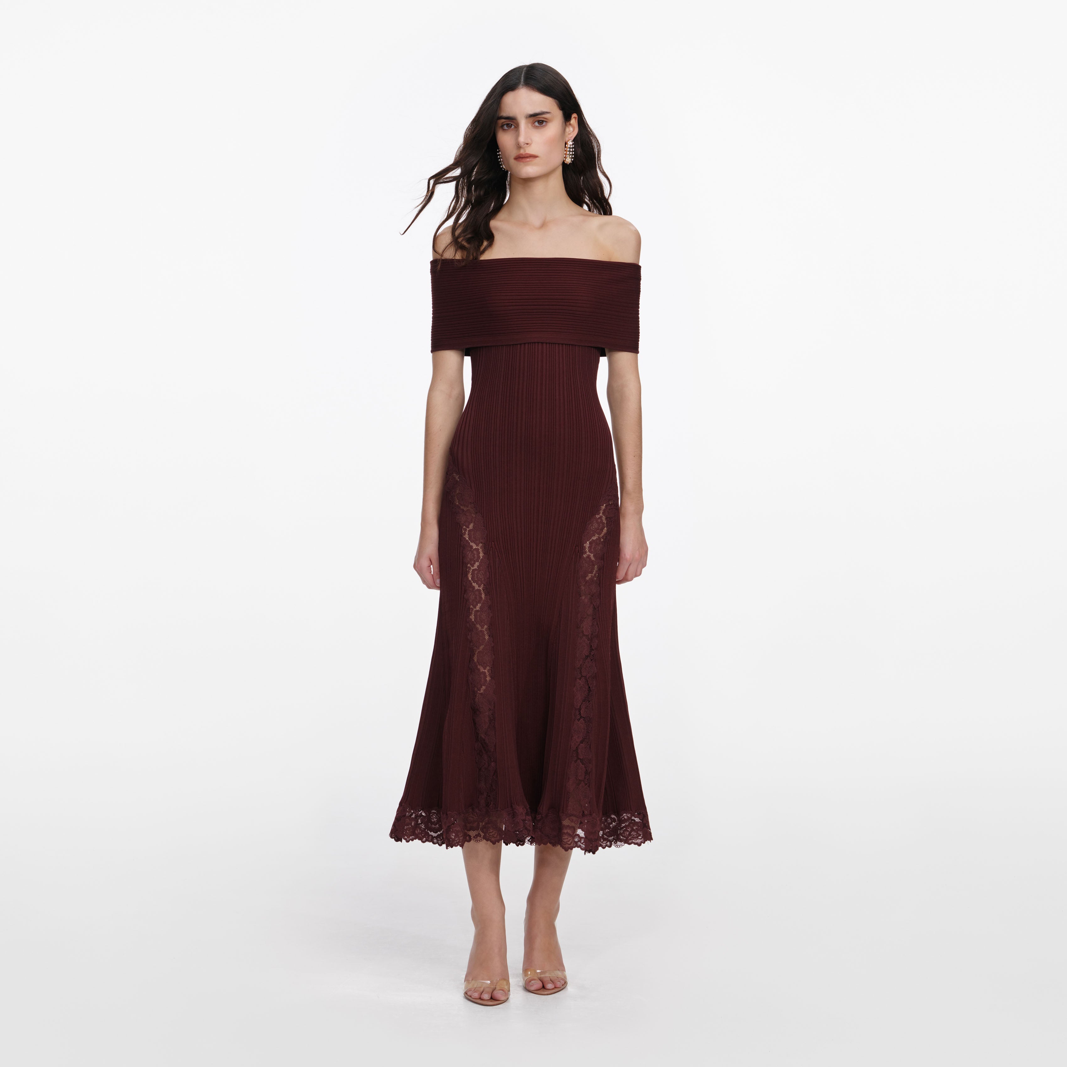 Self Portrait Dresses Burgundy Knit Midi Dress Bordeaux Spitze