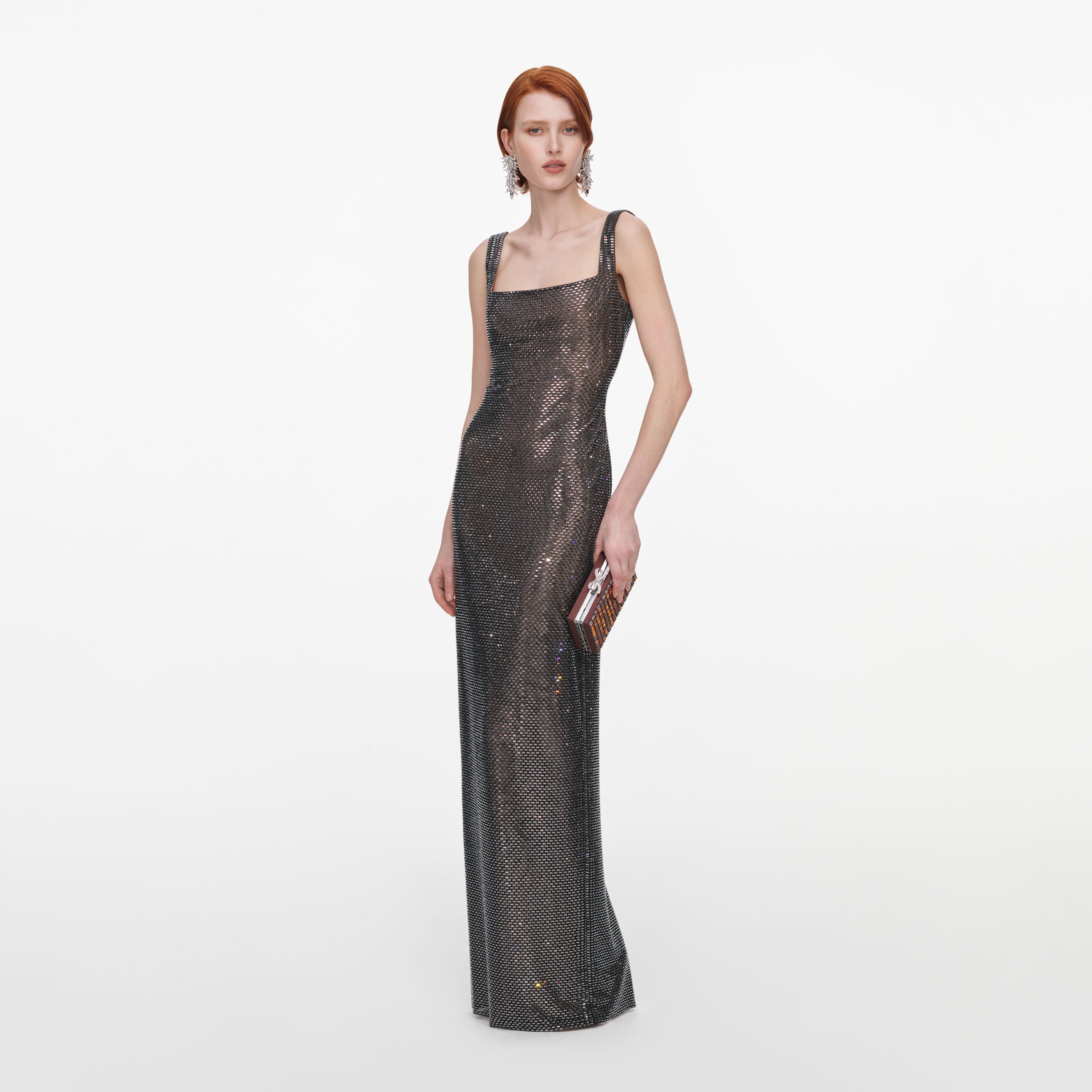 Self Portrait Gunmetal Square Neck Rhinestone Maxi Kleid