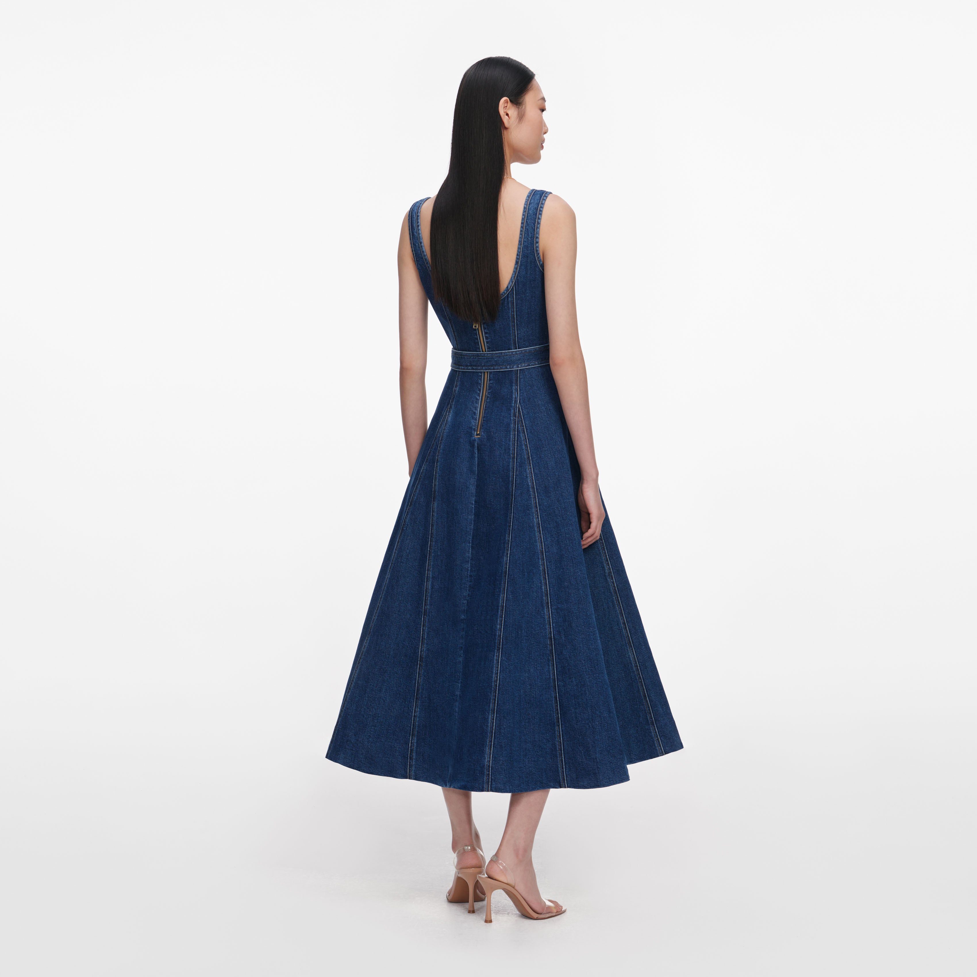 Self Portrait Denim Flared Belted Midi Jeanskleid Blau UK 12