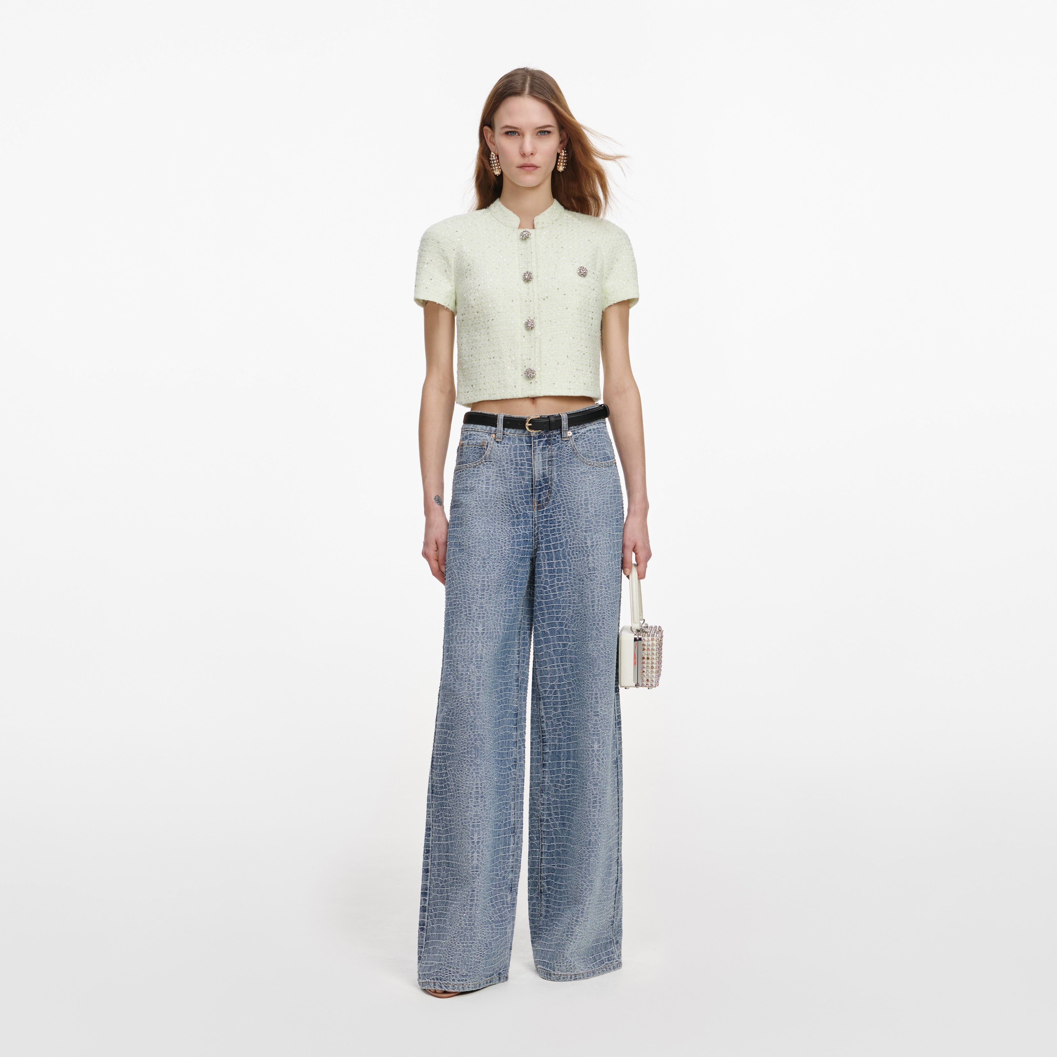 Self Portrait Lime Boucle Top Damen Top Grün UK 8 Bouclé
