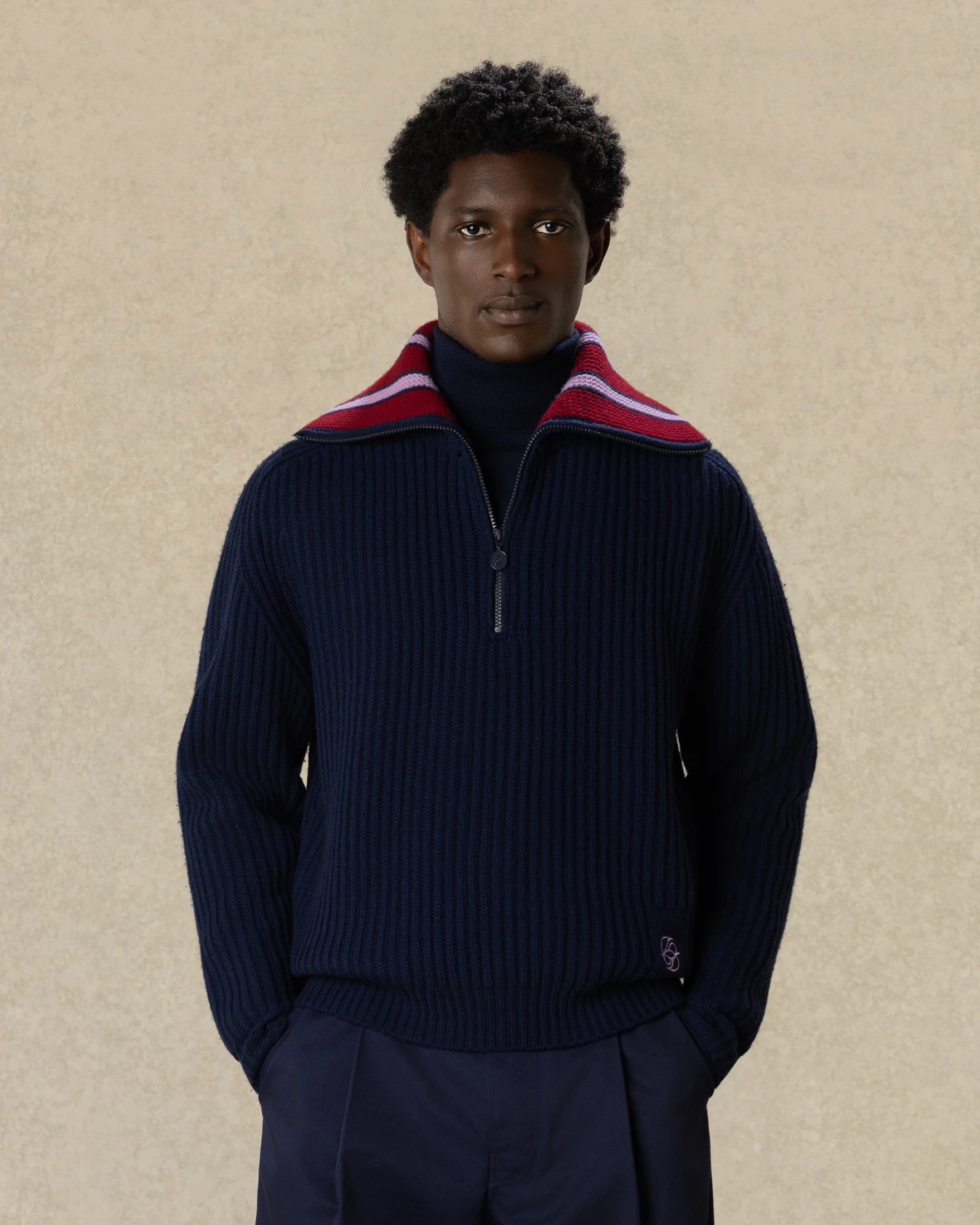 Drôle De Monsieur Trucker Sweater Half-Zip Pullover Navy Wolle