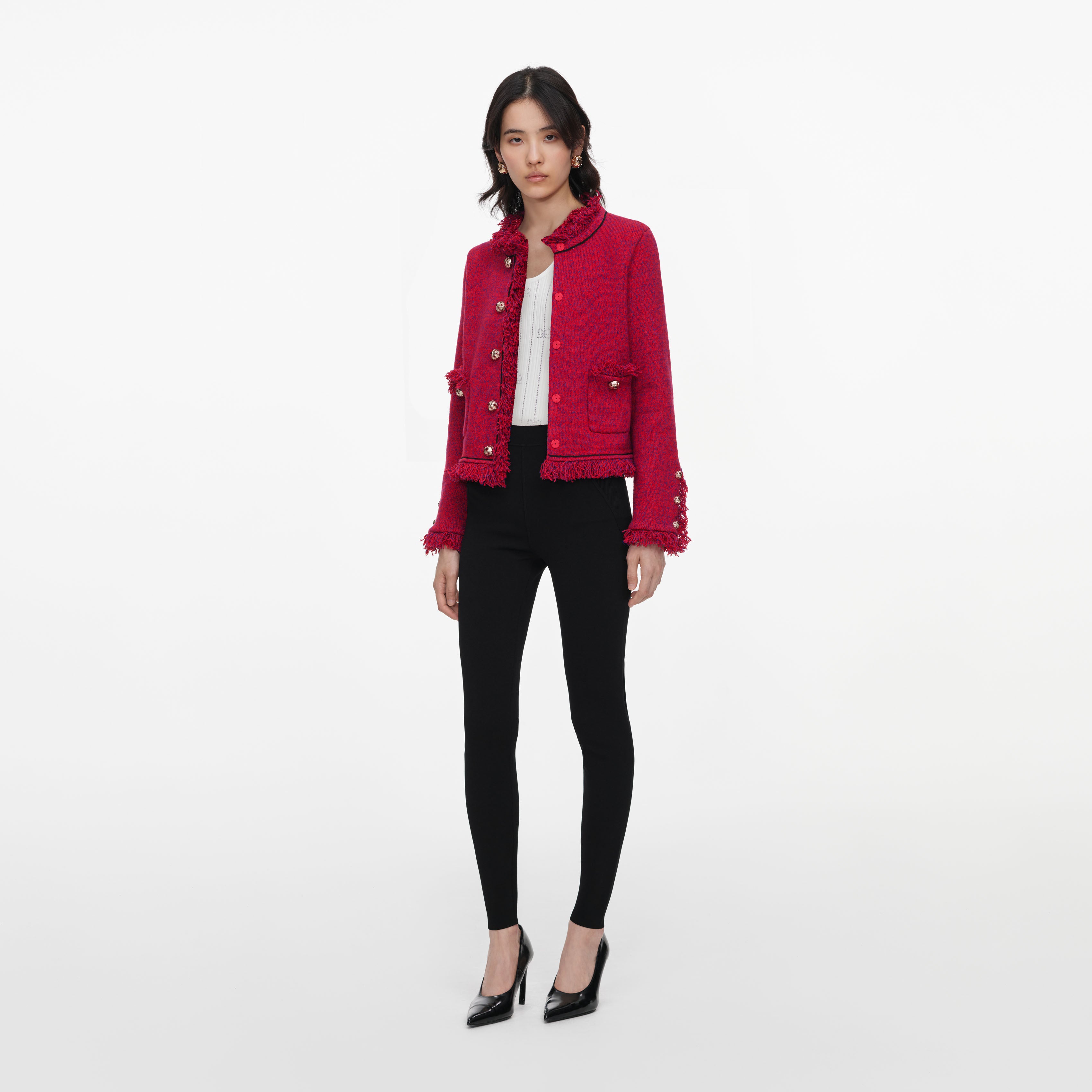 Self Portrait Red Frayed Strickjacke Rot Boucle M