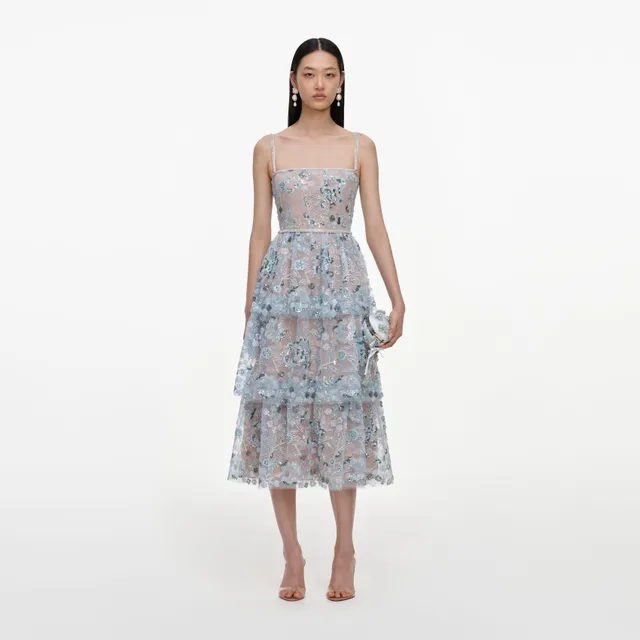 Self Portrait Dresses Blue Sequin Tiered Midi Kleid Blau UK 10