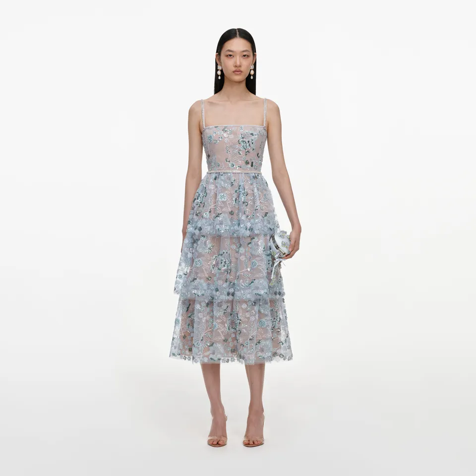 Self Portrait Dresses Blue Sequin Tiered Midi Kleid Blau UK 10