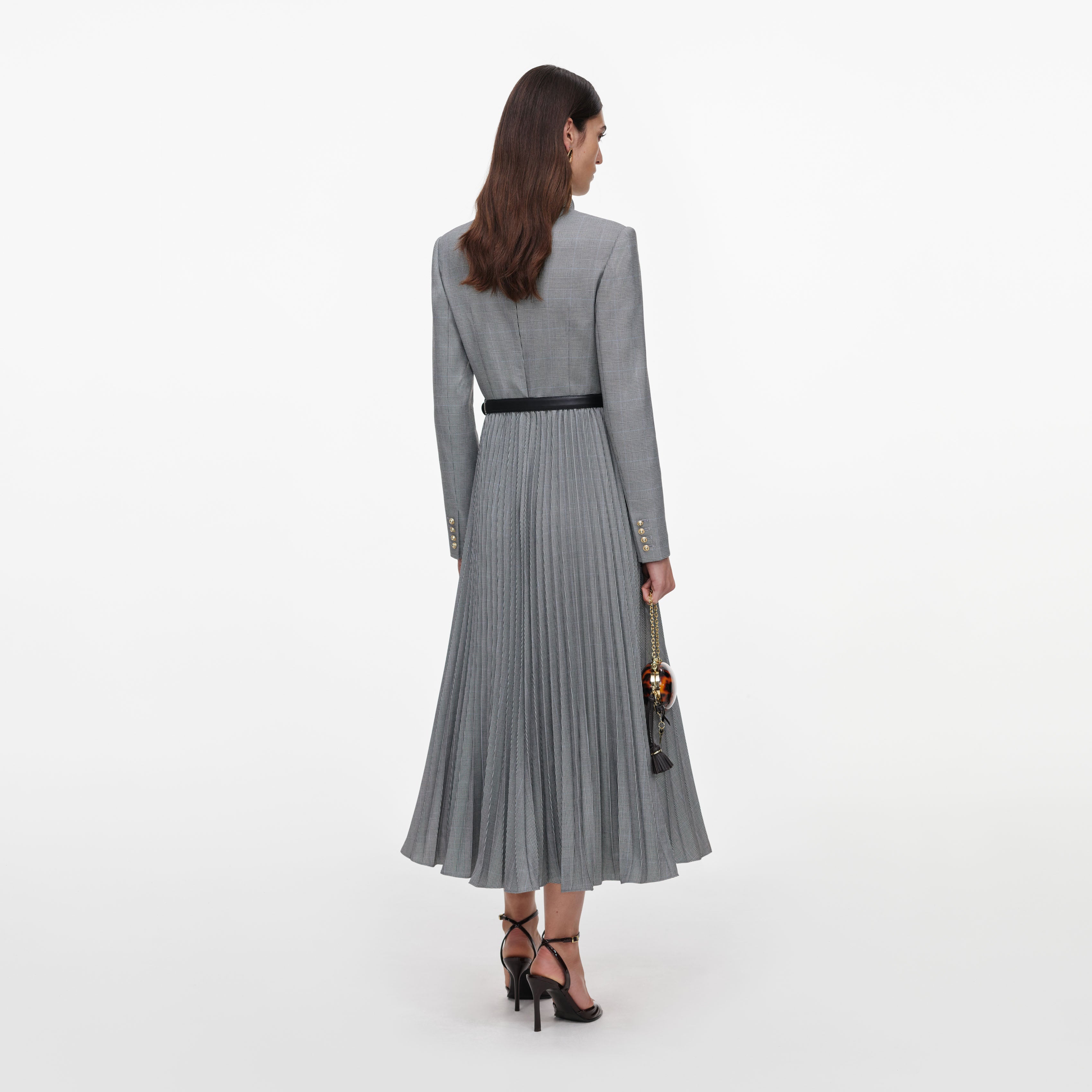 Self Portrait Dresses Grey Check Pleated Midi Kleid Grau Wolle