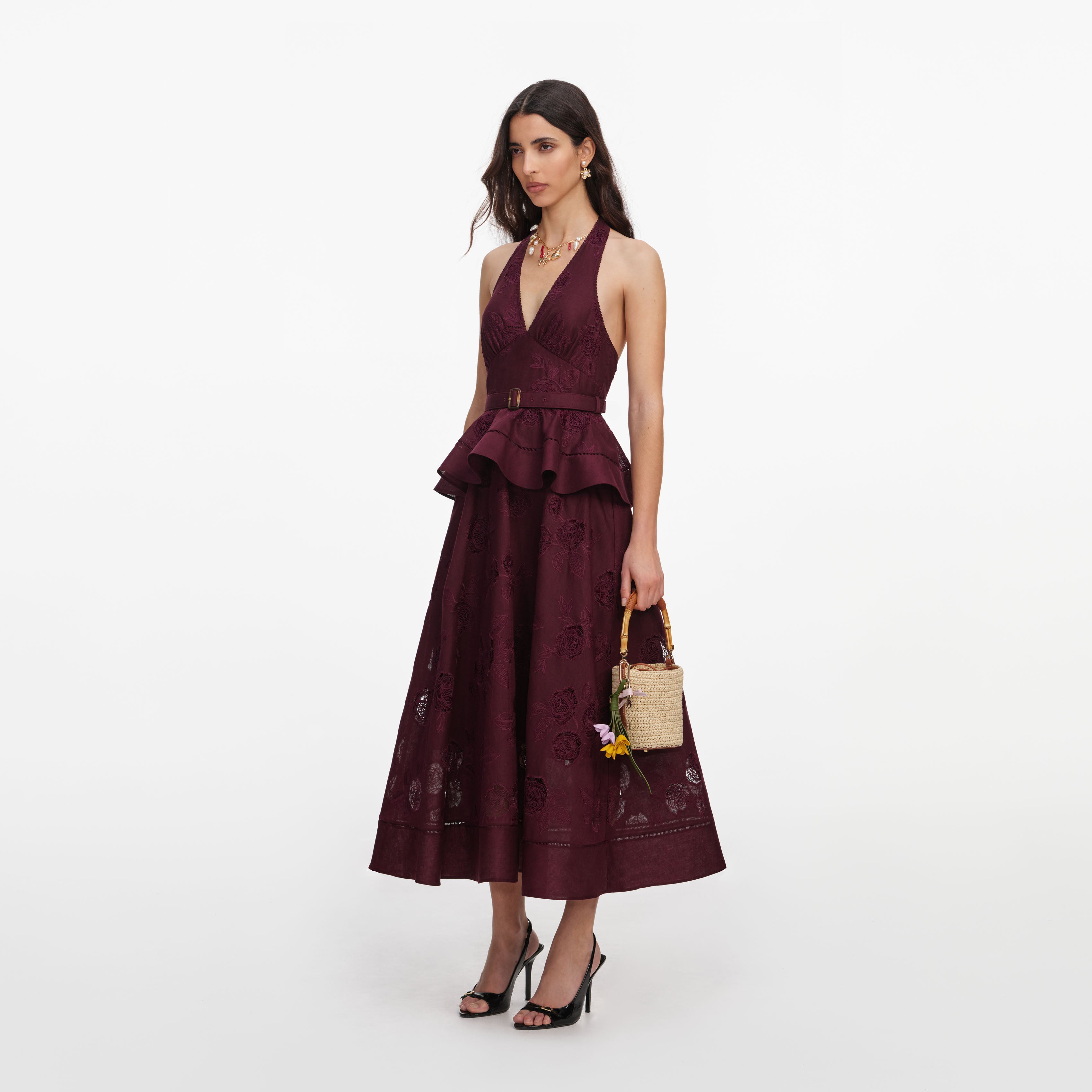 Self Portrait Plum Linen Peplum Midi Leinenkleid Beere