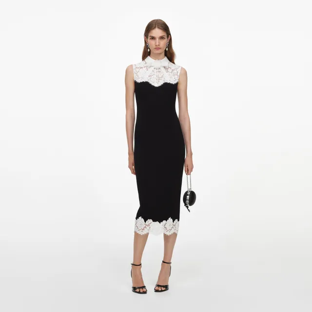 Self Portrait Black Lace Bodice Midi Dress Schwarz