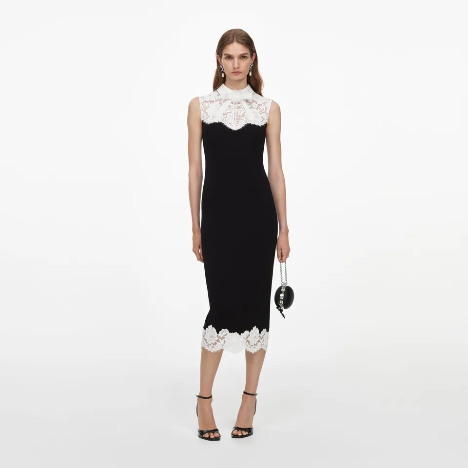 Self Portrait Black Lace Bodice Midi Dress Schwarz