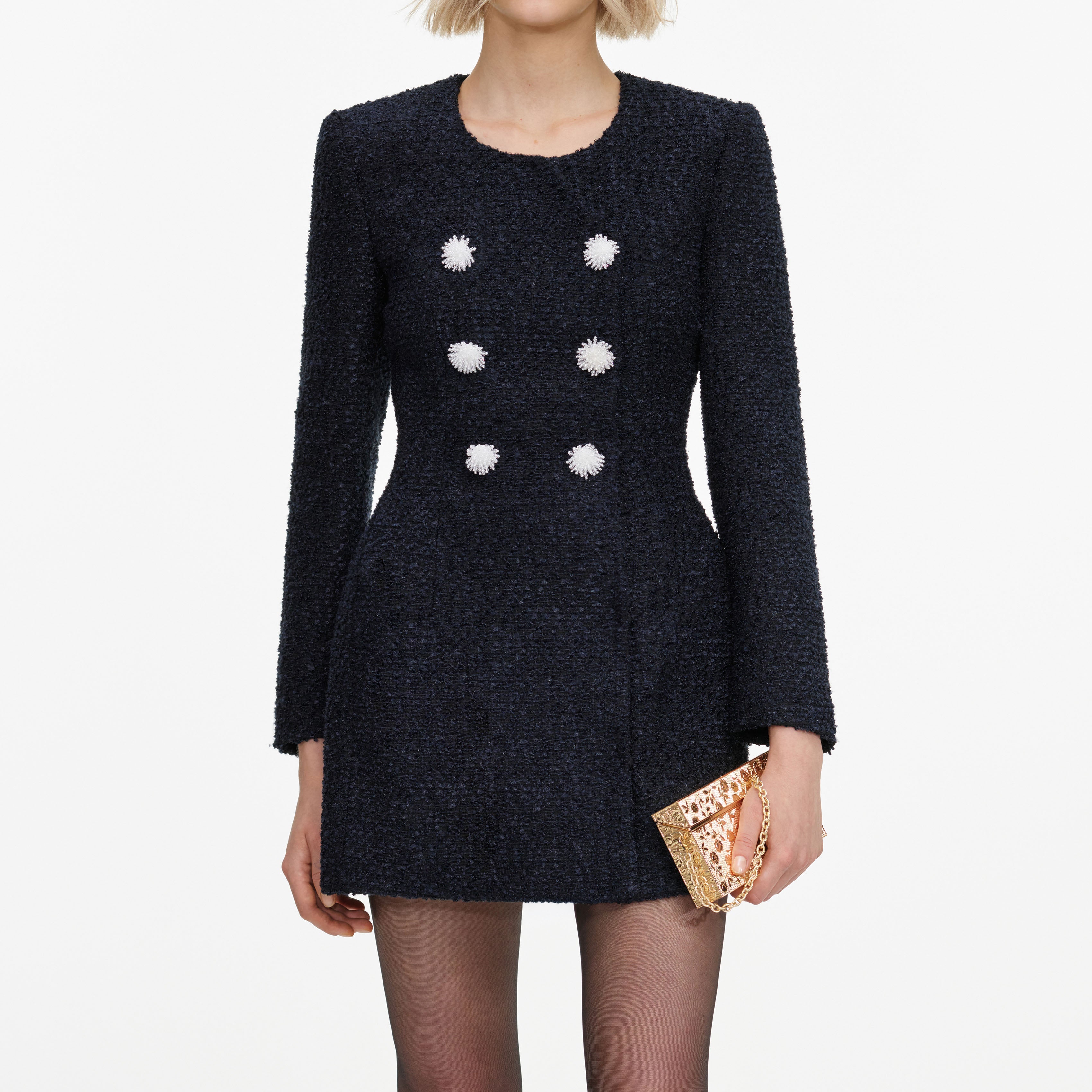 Self Portrait Navy Boucle Minikleid Blau UK Kristallknöpfe