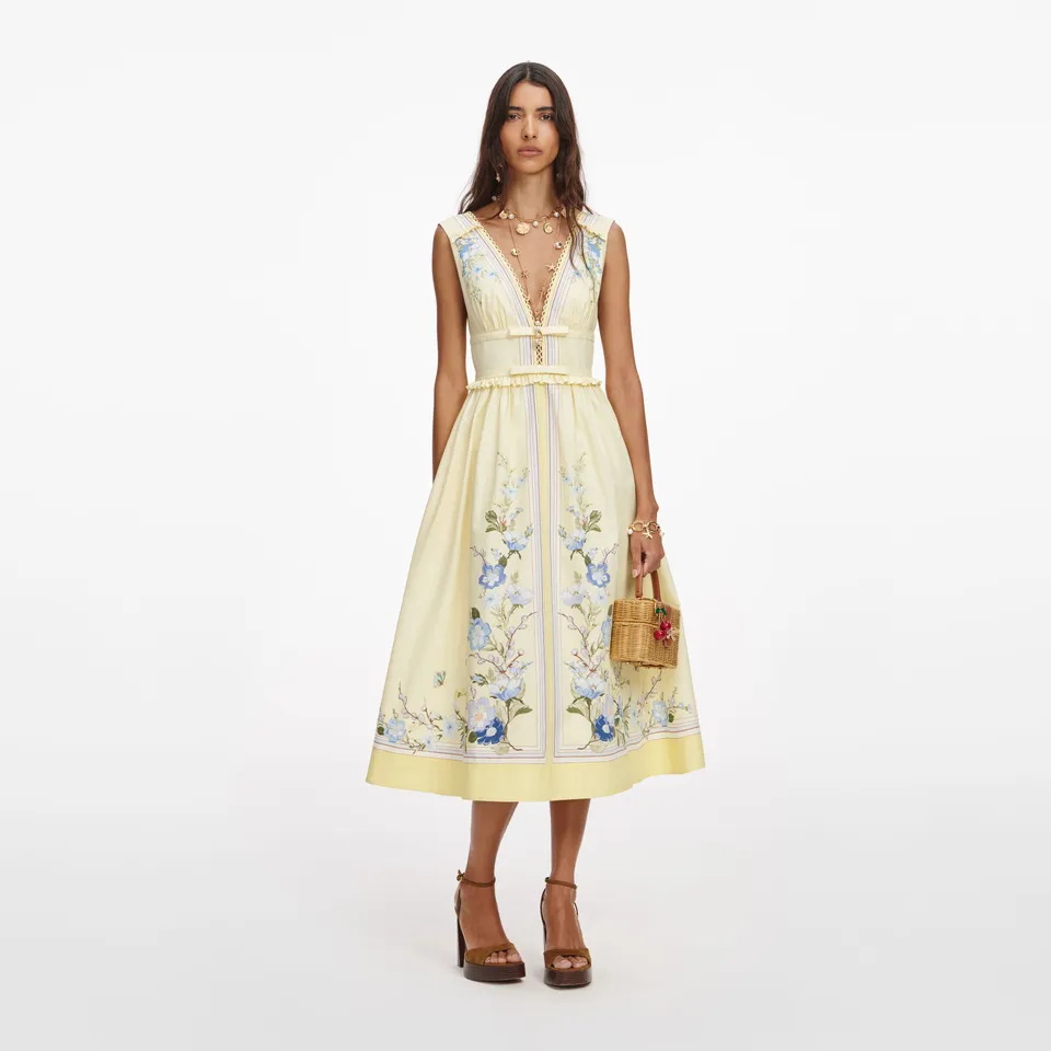 Self Portrait Yellow Floral Cotton Midi Kleid UK 8 Gelb