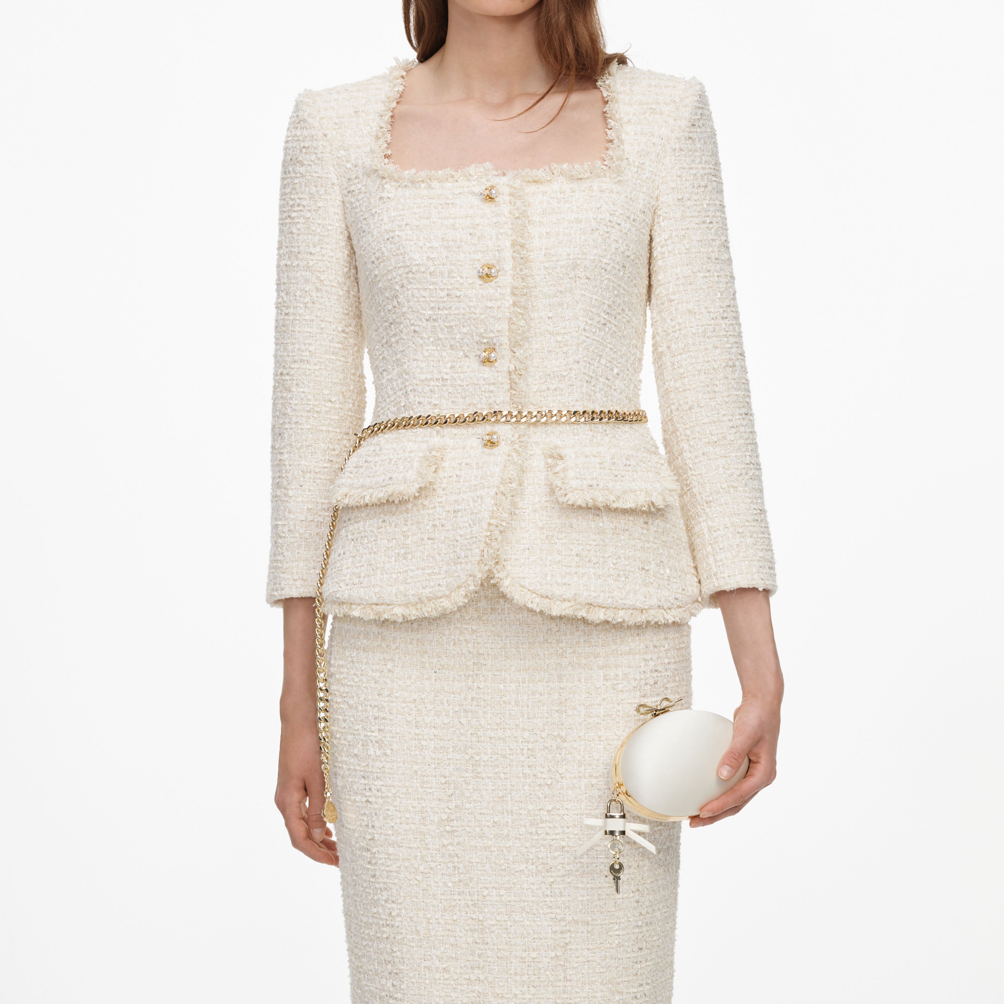 Self Portrait Dresses Cream Boucle Midikleid Creme mit Kette