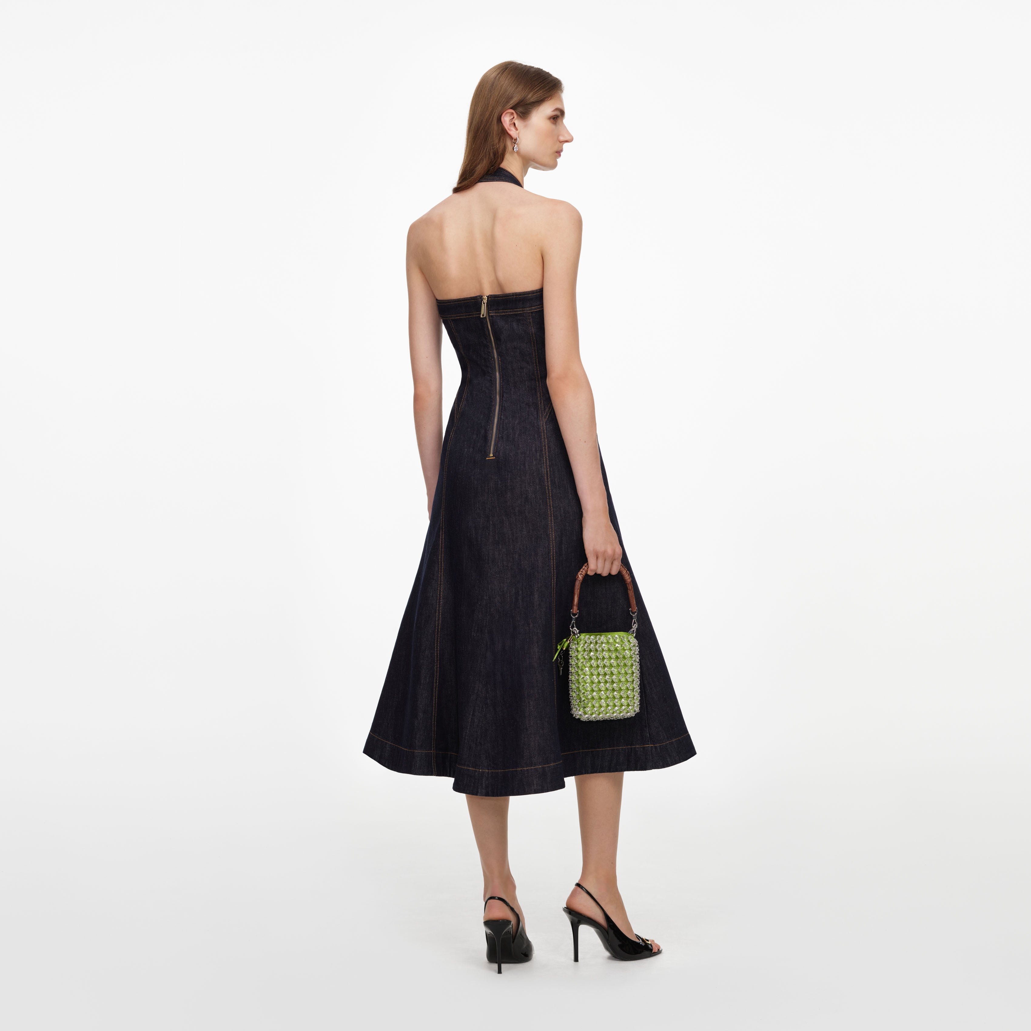 Self Portrait Halterneck Midikleid Indigo Denim Blau
