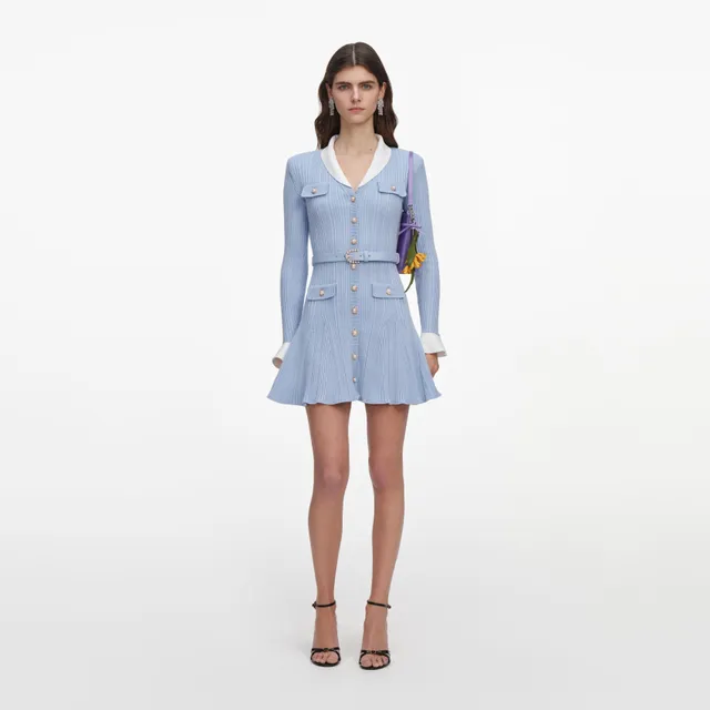 Self Portrait Strickkleid Hellblau Rippstrick Mini