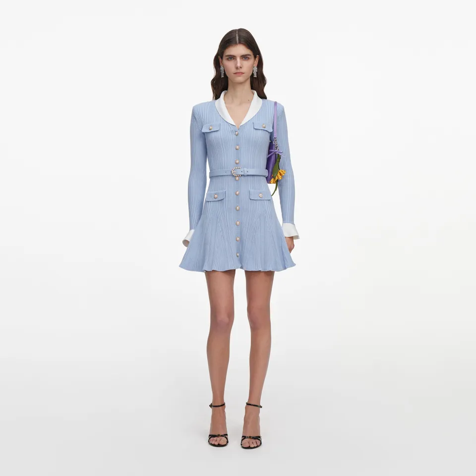 Self Portrait Strickkleid Hellblau Rippstrick Mini
