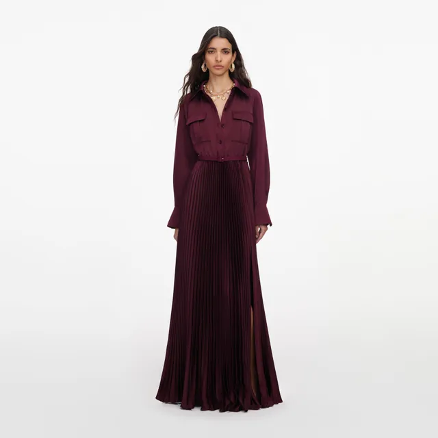 Self Portrait Plissee Maxikleid Satin Pflaume UK 8