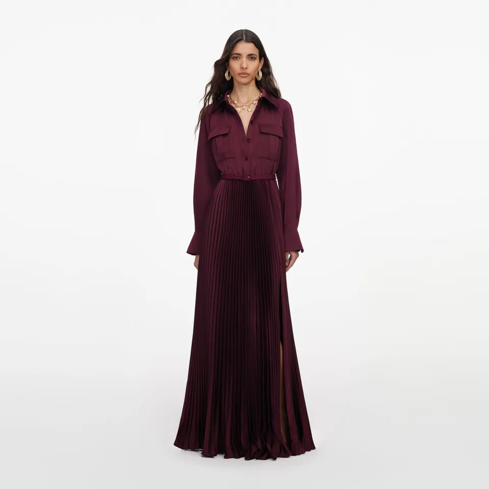 Self Portrait Plissee Maxikleid Satin Pflaume UK 8