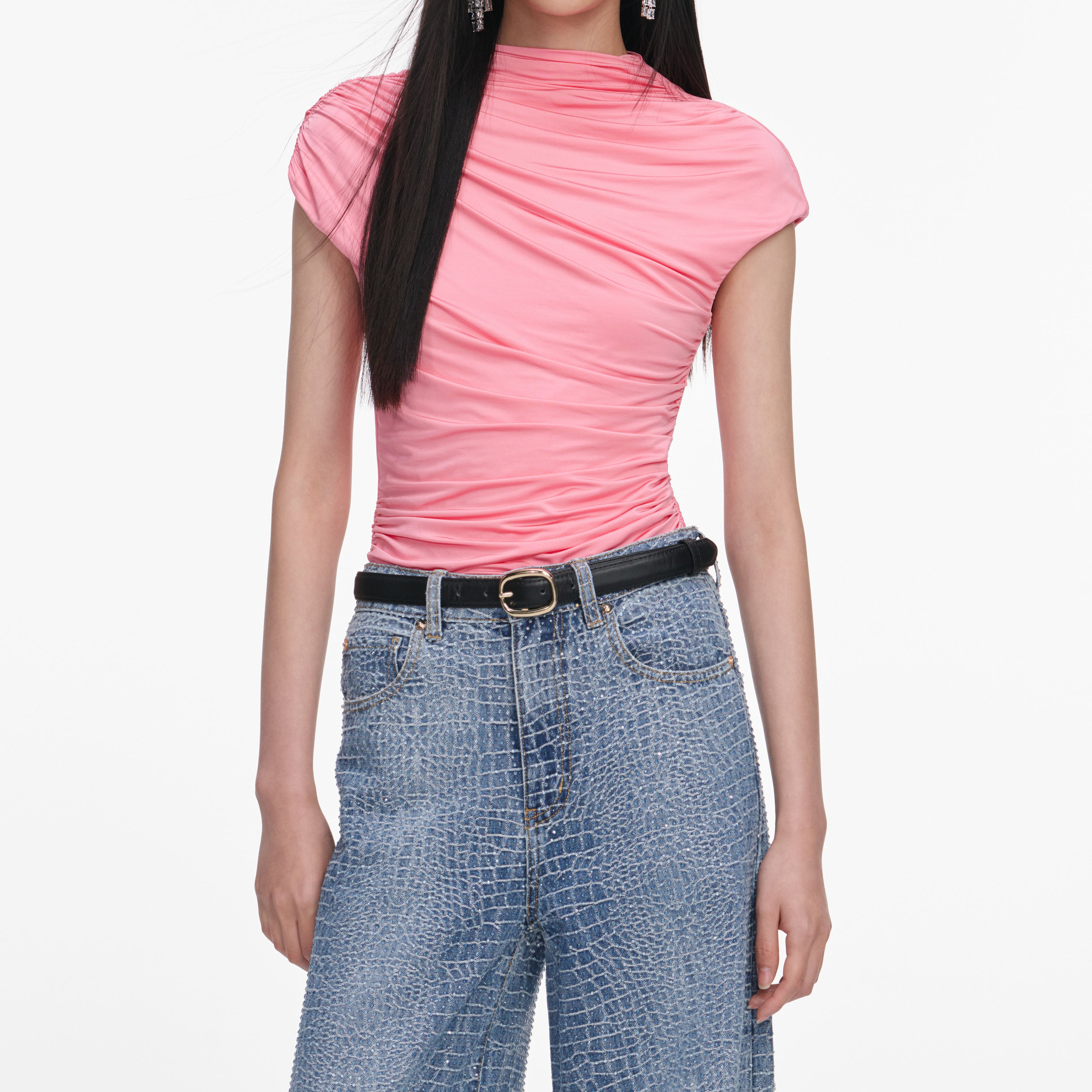 Self Portrait Pink Jersey Gathered Top Rosa Jersey