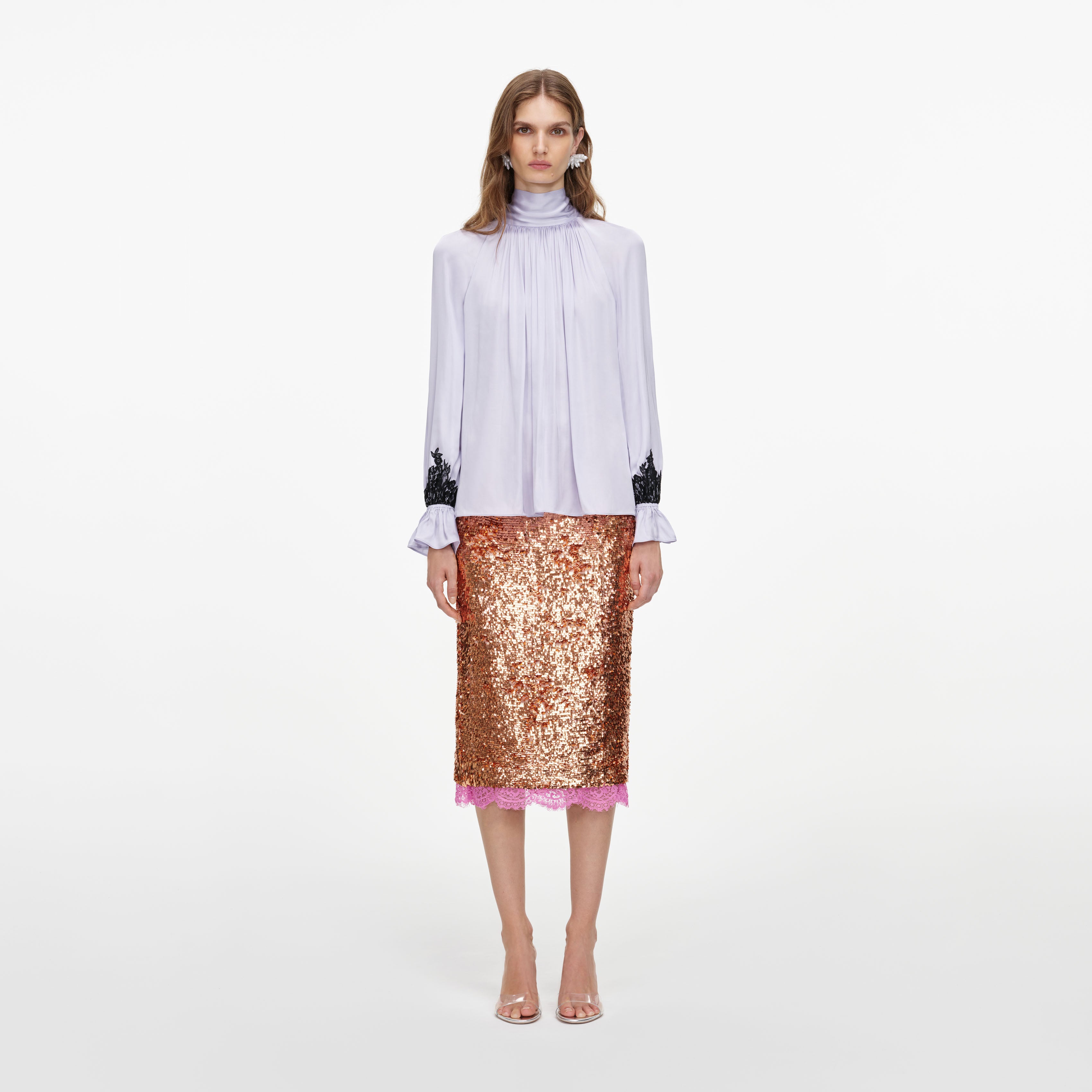 Self Portrait Viskose Bluse Lilac Spitze weiter Schnitt