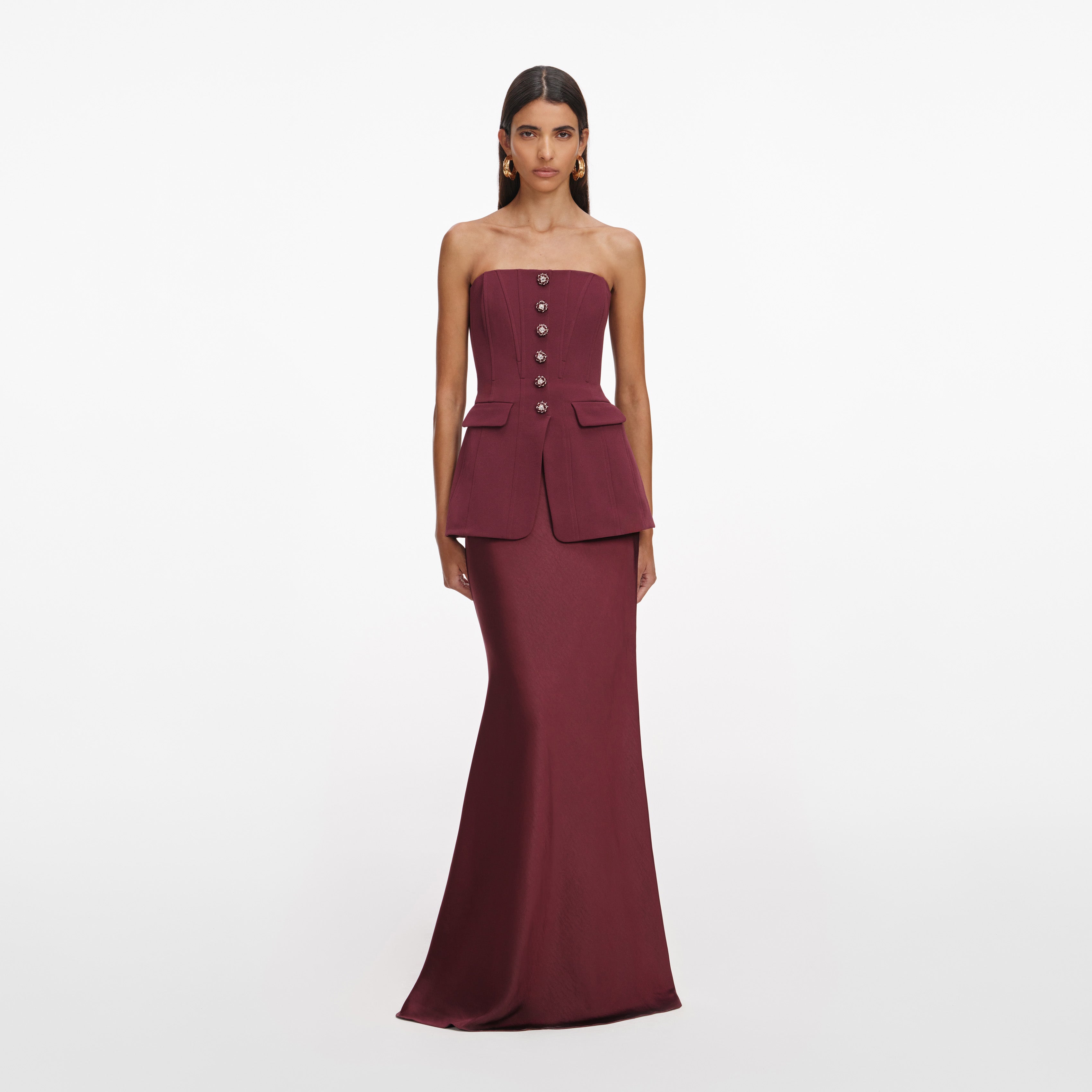 Self Portrait Bandeau Maxi Kleid burgundy Taft Abendkleid